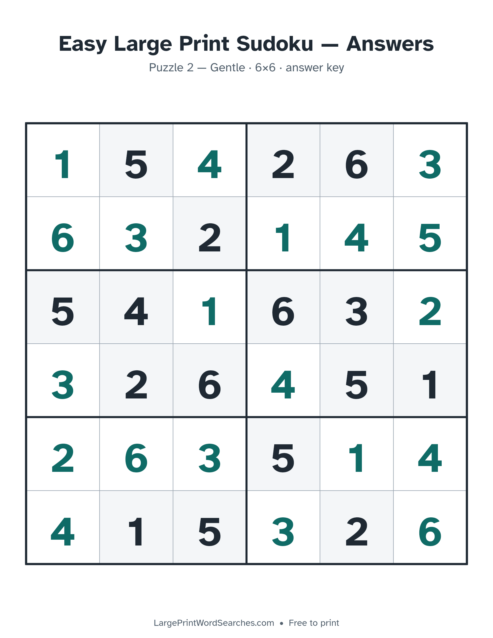 Answer key for easy large print sudoku puzzle 2, every cell filled in