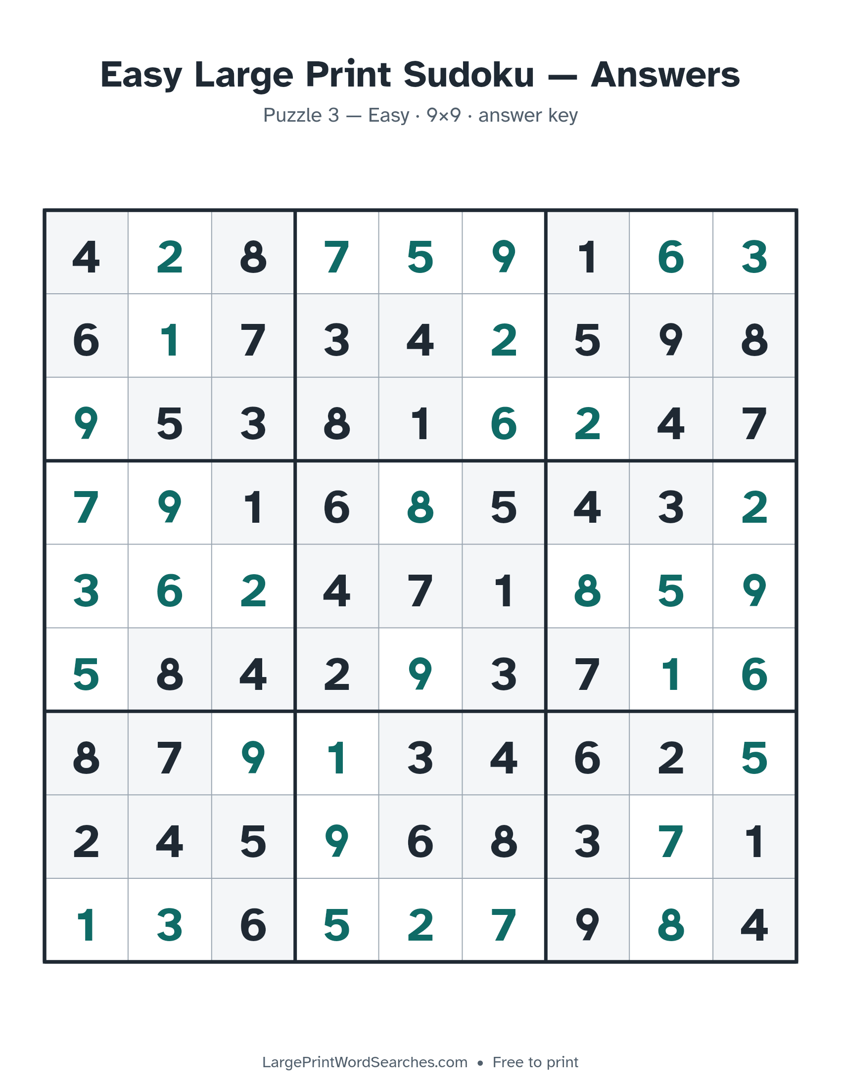 Answer key for easy large print sudoku puzzle 3, every cell filled in