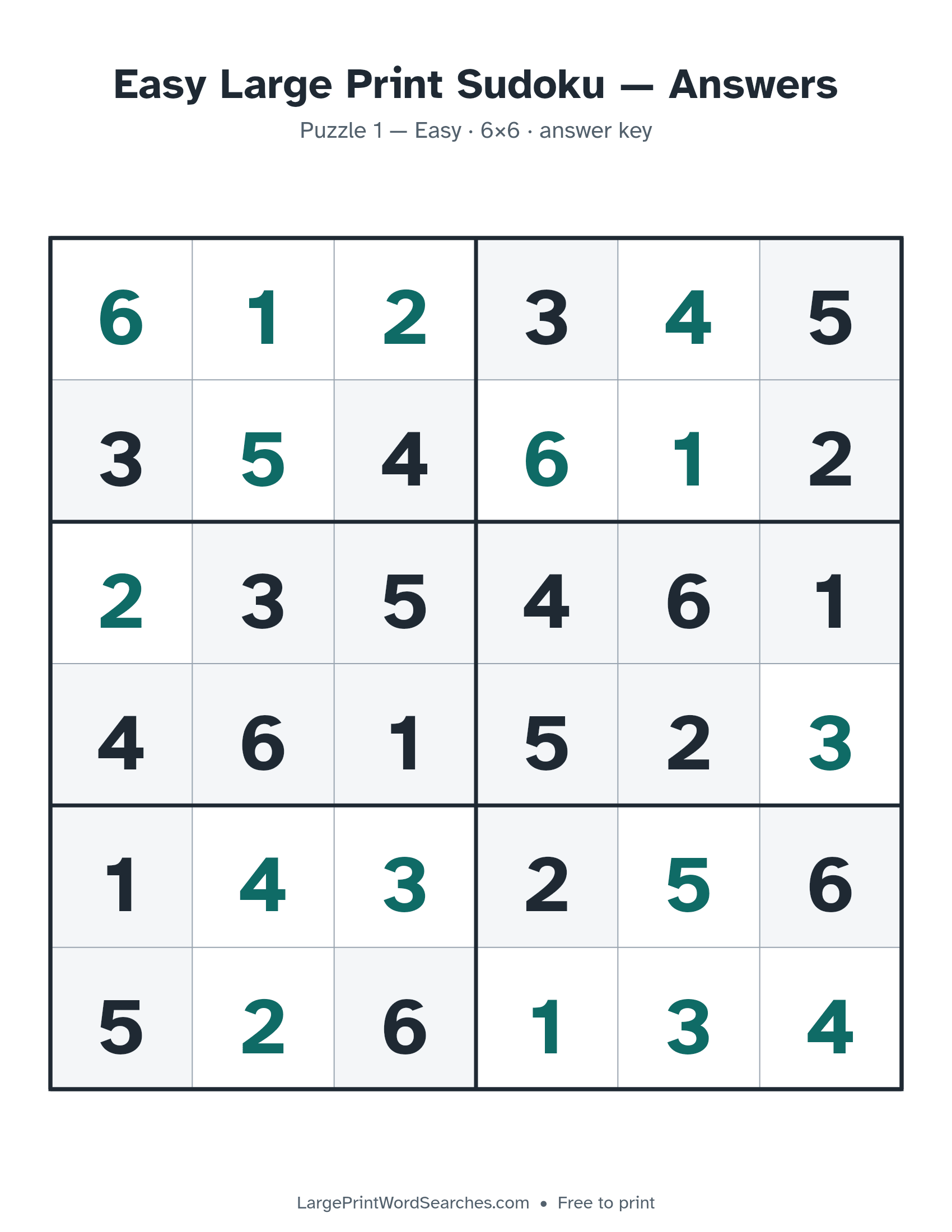 Answer key for easy large print sudoku puzzle 1, every cell filled in