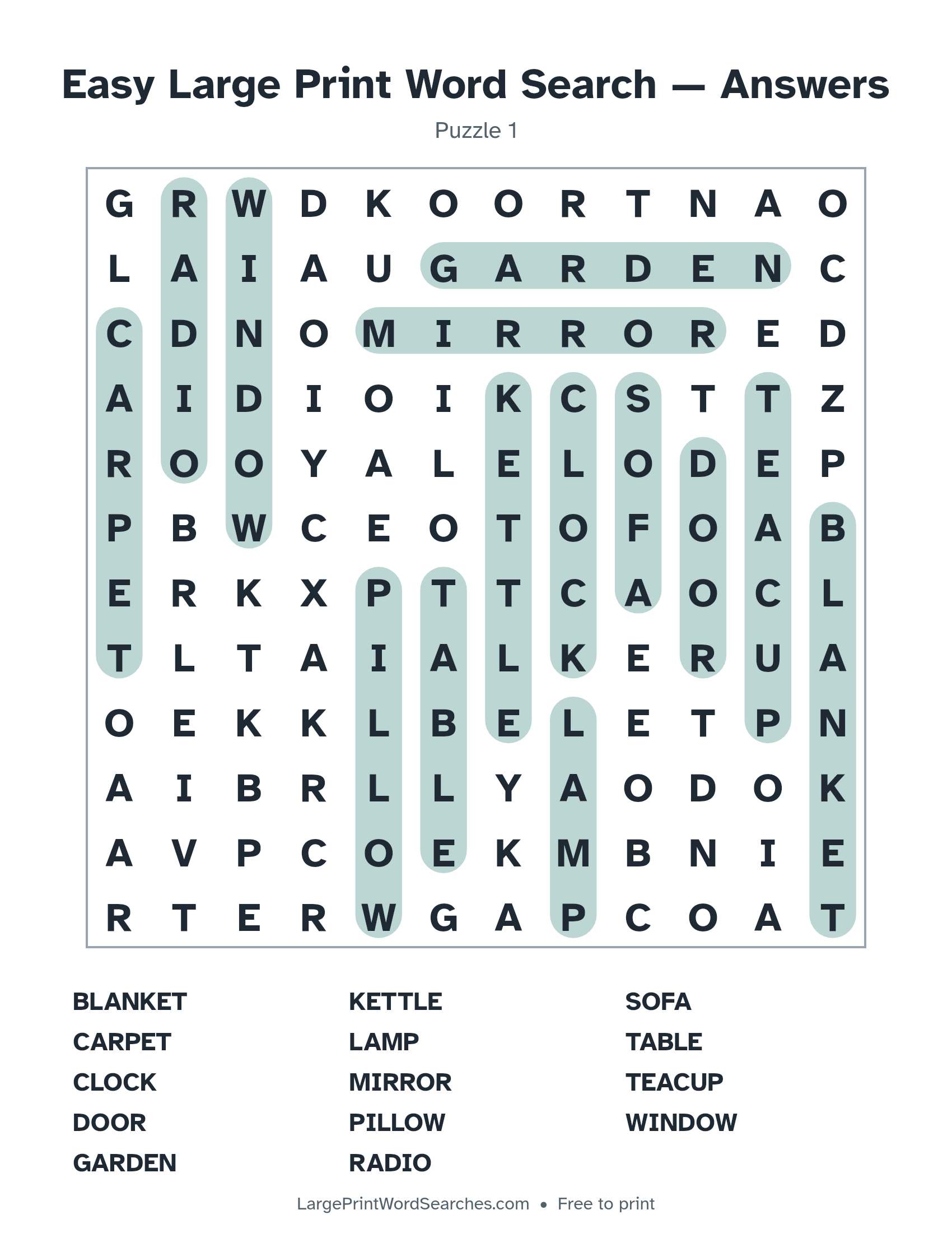 Answer key for easy large print word search puzzle 1 with every hidden word highlighted