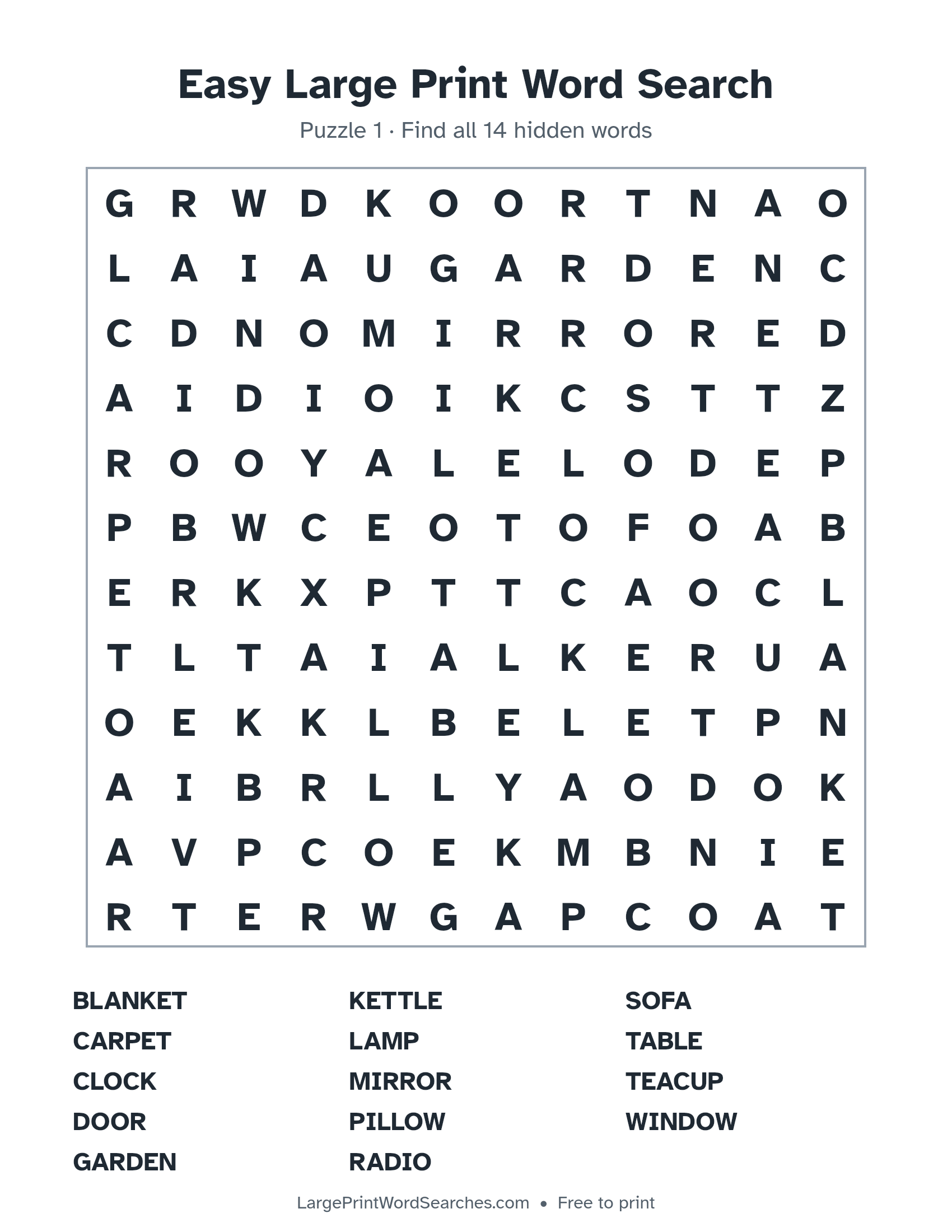 Easy Large Print Word Search puzzle 1: a 12 by 12 letter grid with 14 hidden words in large print