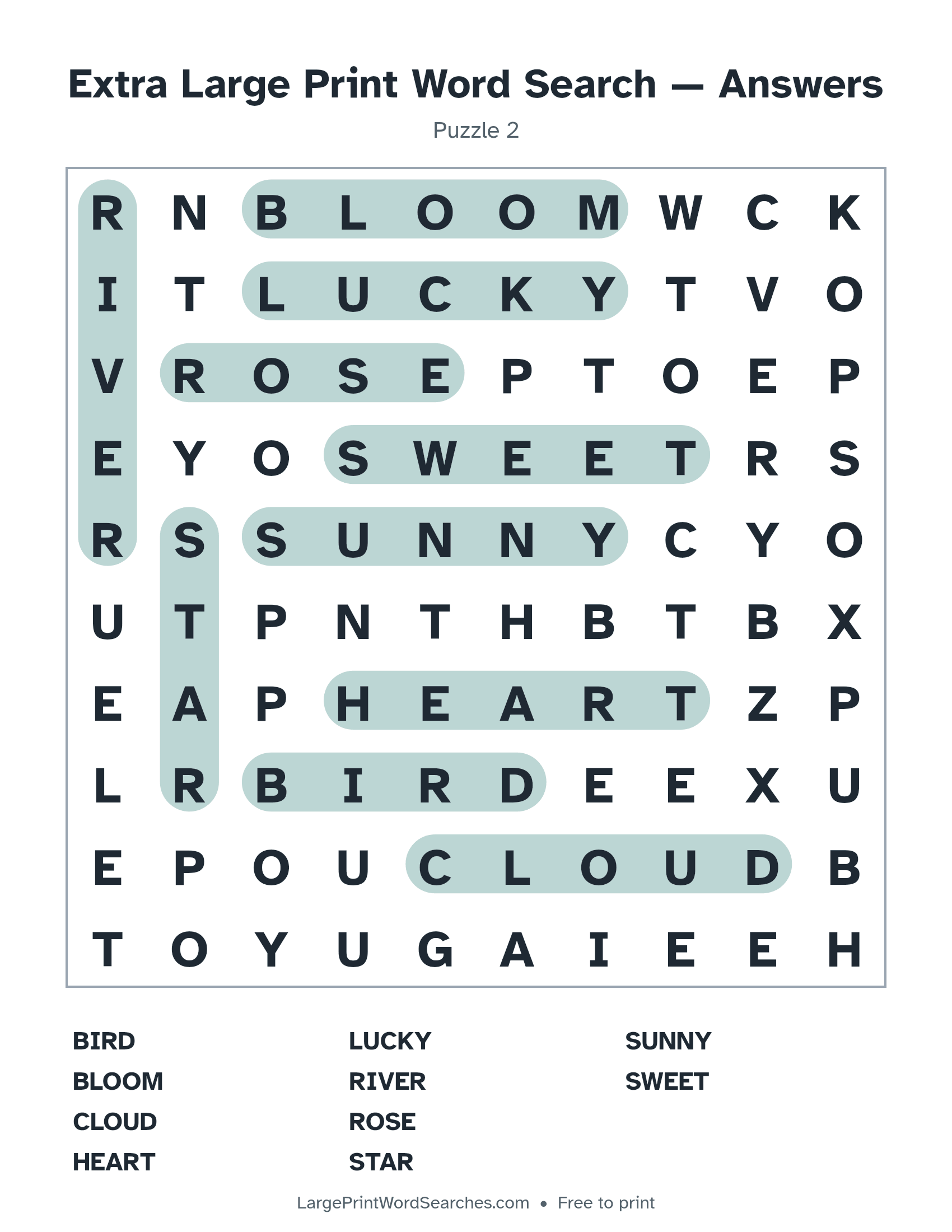 Answer key for extra large print word search puzzle 2 with every hidden word highlighted