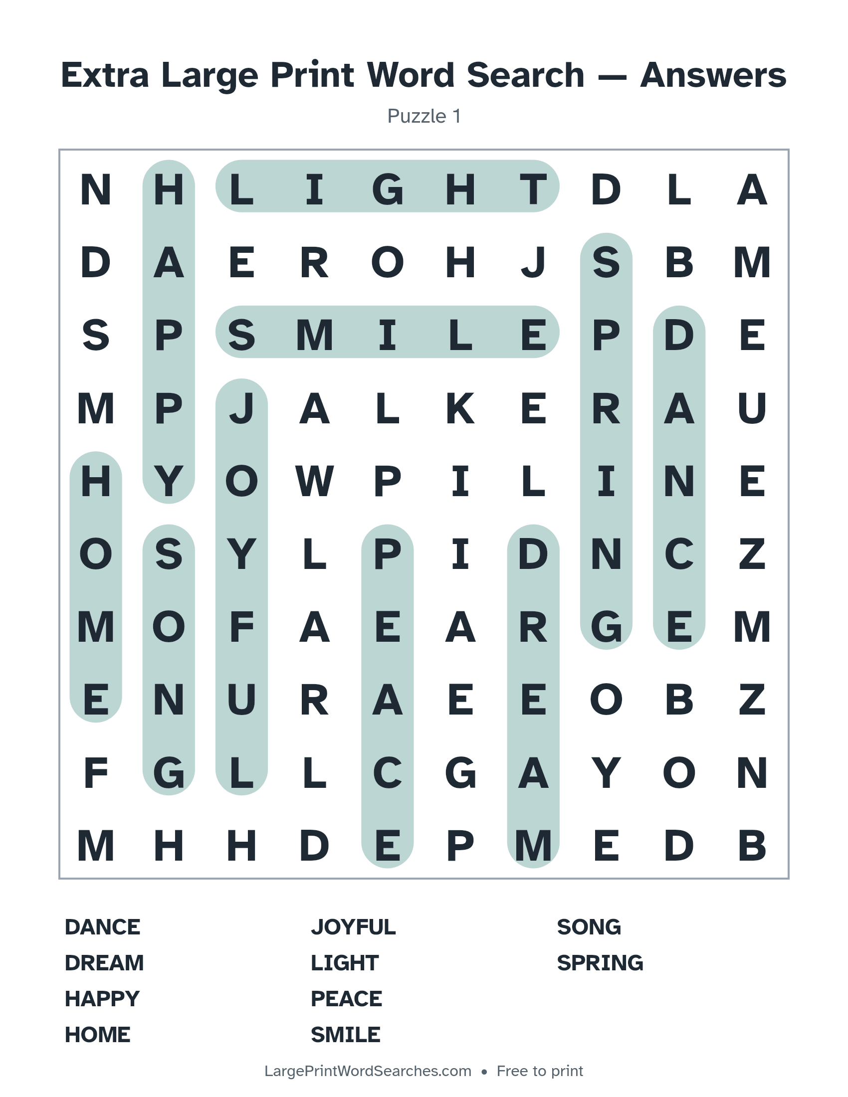 Answer key for extra large print word search puzzle 1 with every hidden word highlighted