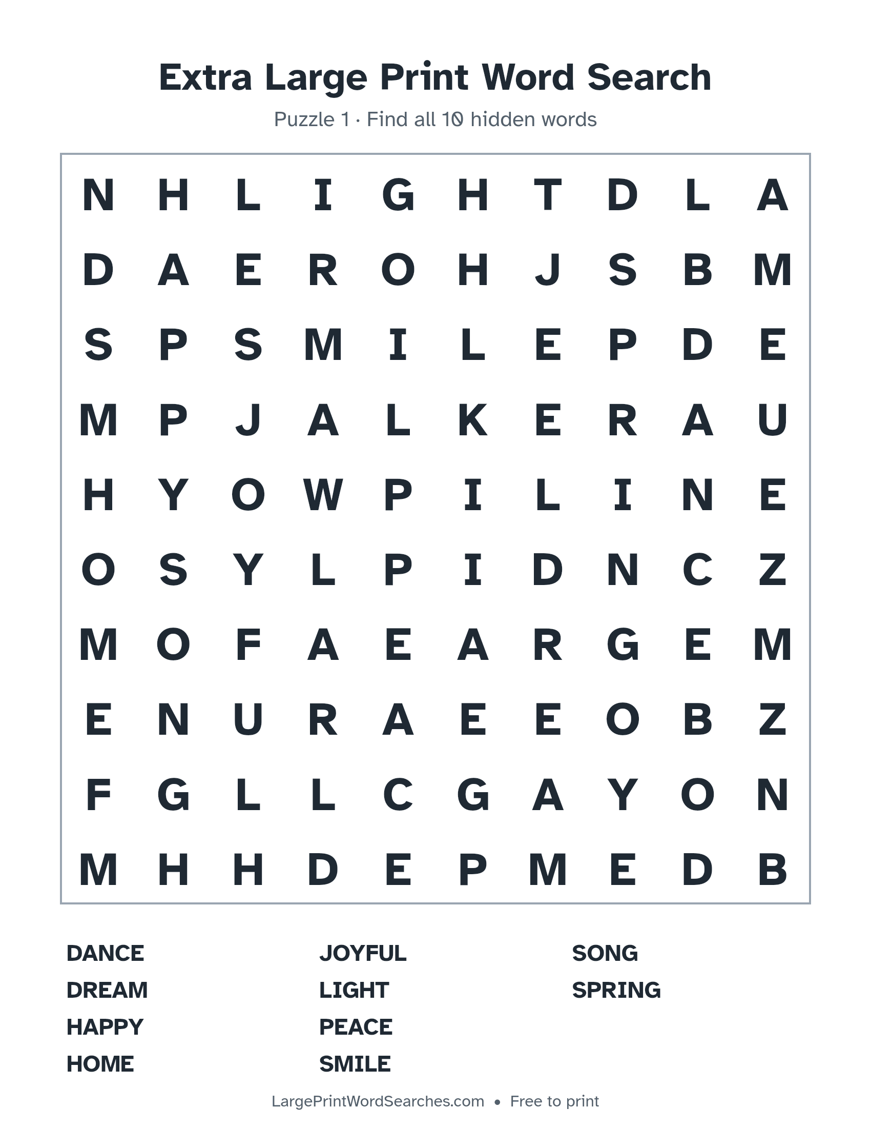 Extra Large Print Word Search puzzle 1: a 10 by 10 letter grid with 10 hidden words in large print
