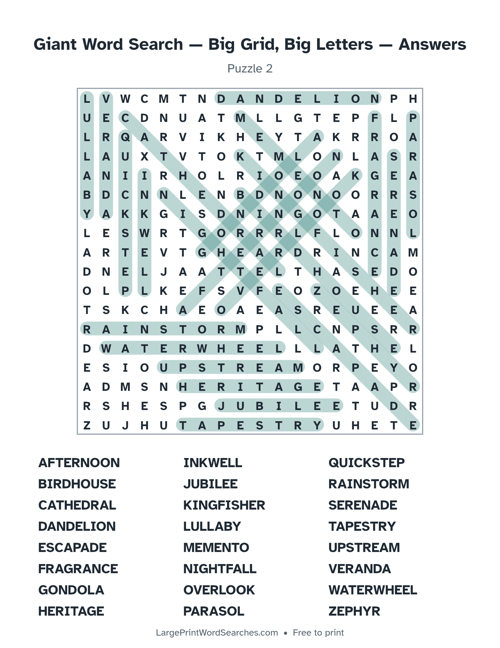 Answer key for giant word search — big grid, big letters puzzle 2 with every hidden word highlighted