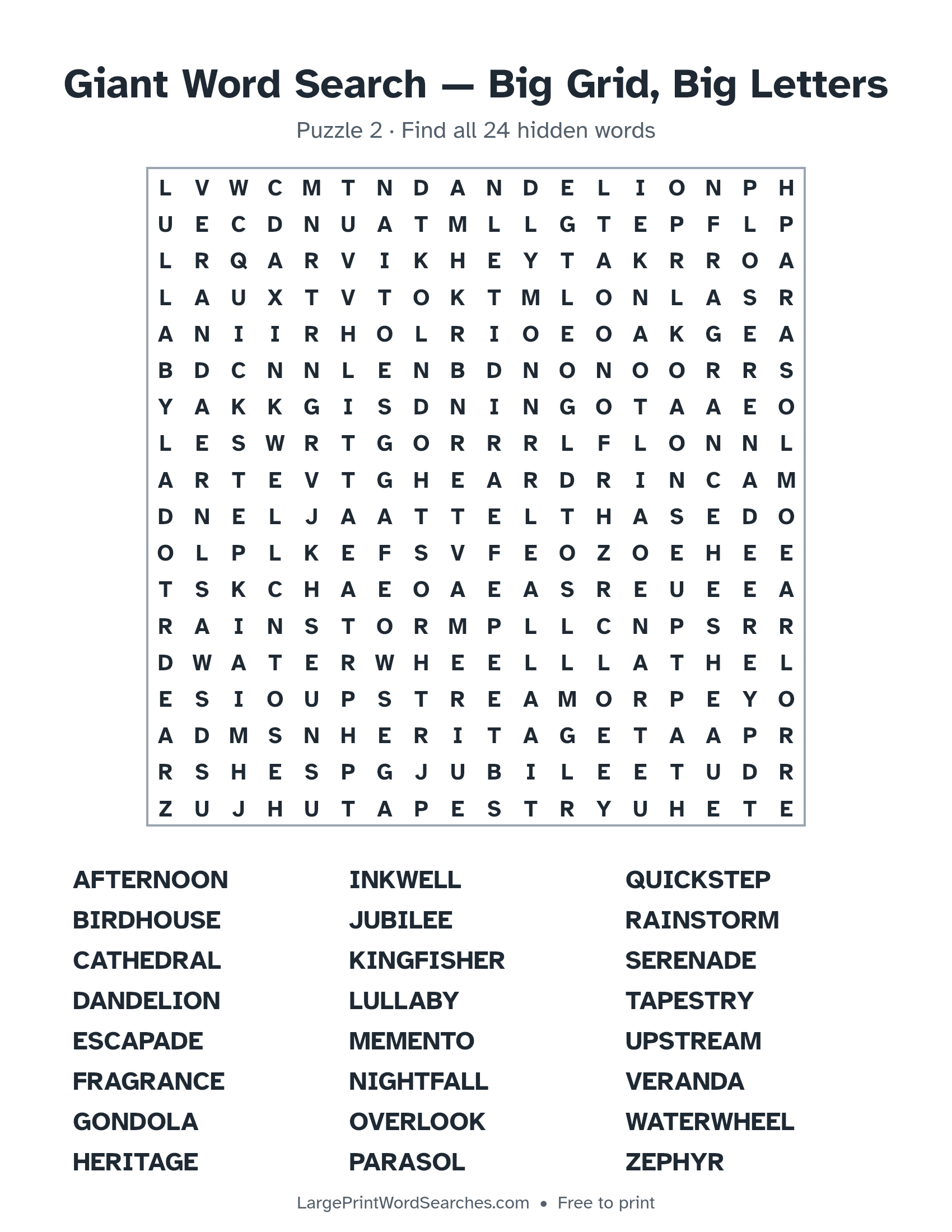 Giant Word Search — Big Grid, Big Letters puzzle 2: a 18 by 18 letter grid with 24 hidden words in large print