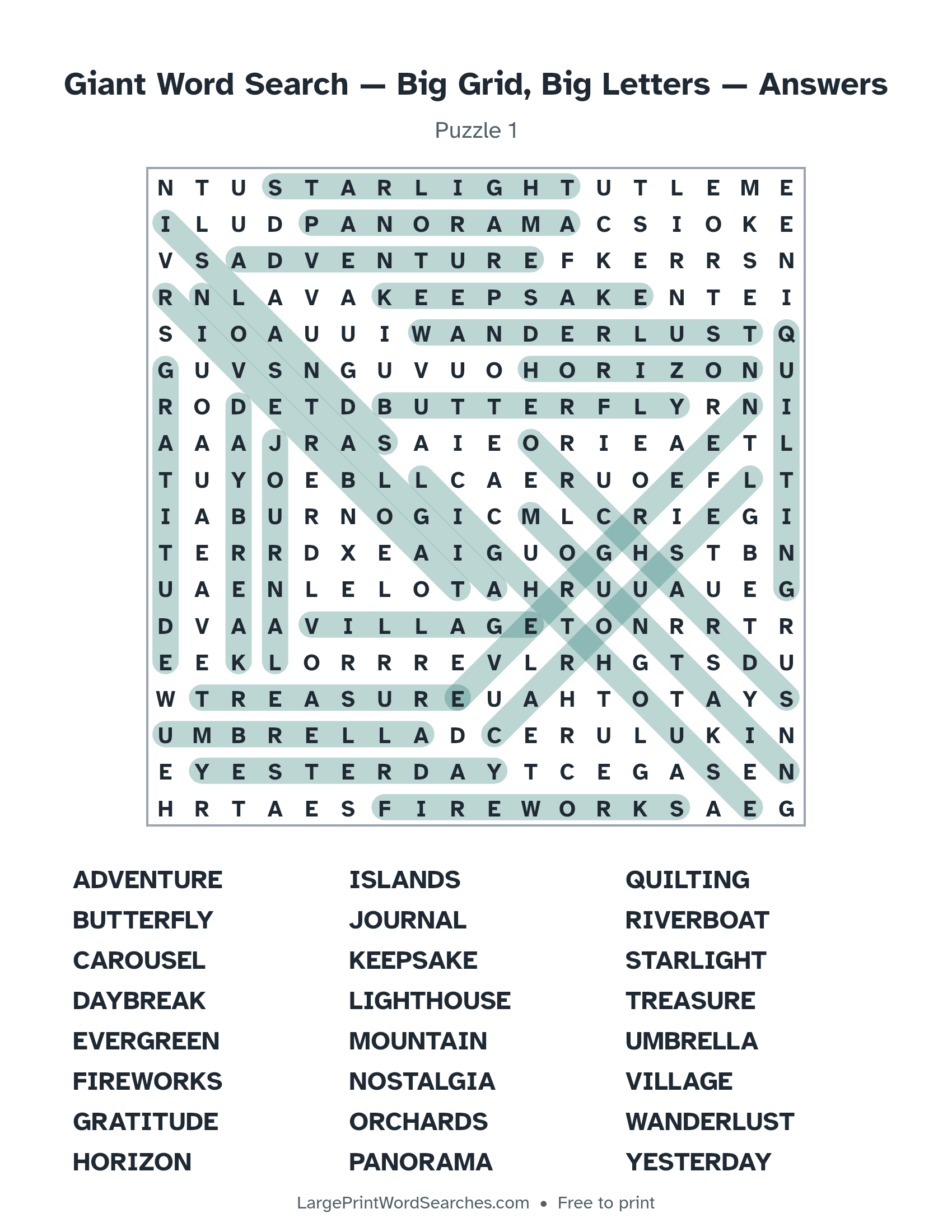 Answer key for giant word search — big grid, big letters puzzle 1 with every hidden word highlighted