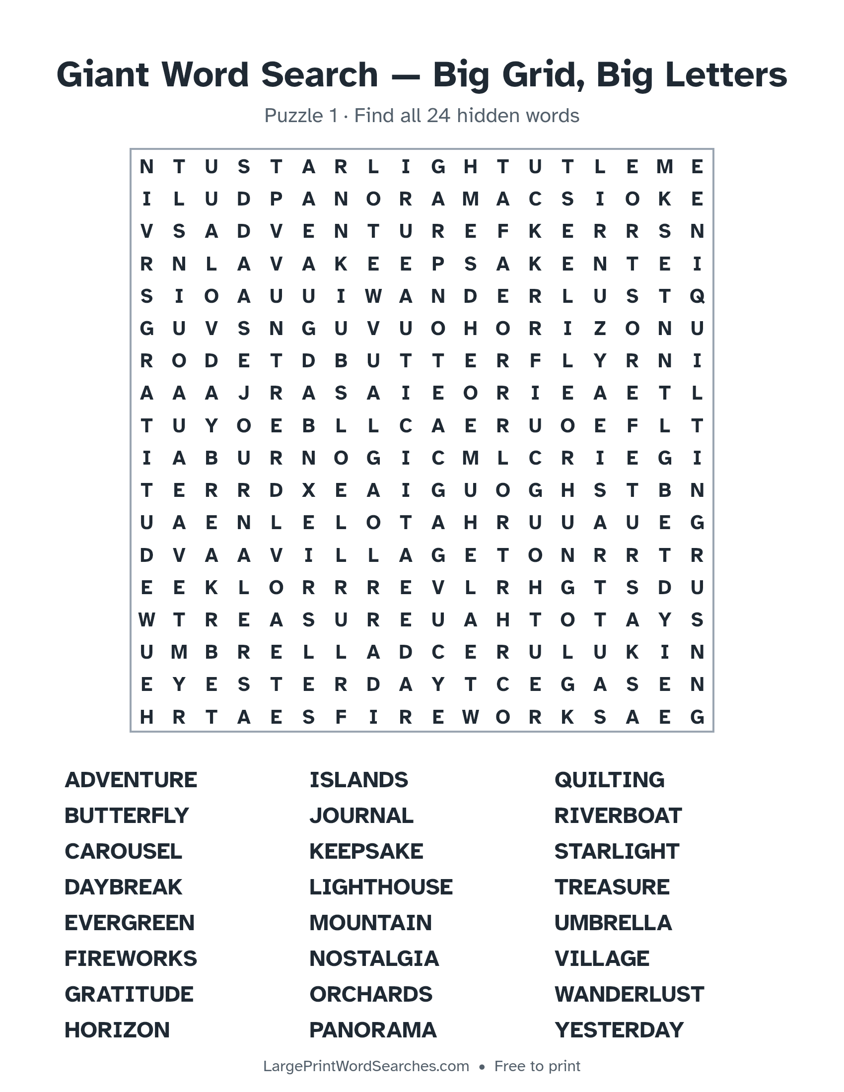 Giant Word Search — Big Grid, Big Letters puzzle 1: a 18 by 18 letter grid with 24 hidden words in large print