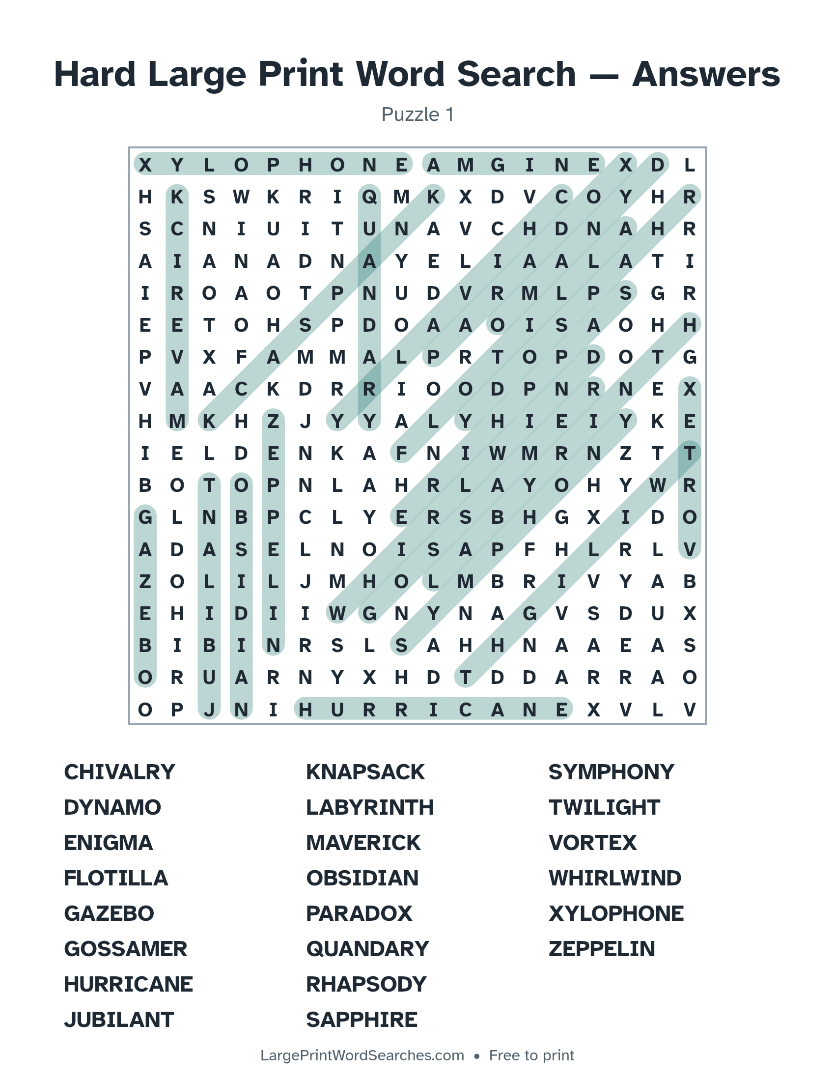 Answer key for hard large print word search puzzle 1 with every hidden word highlighted