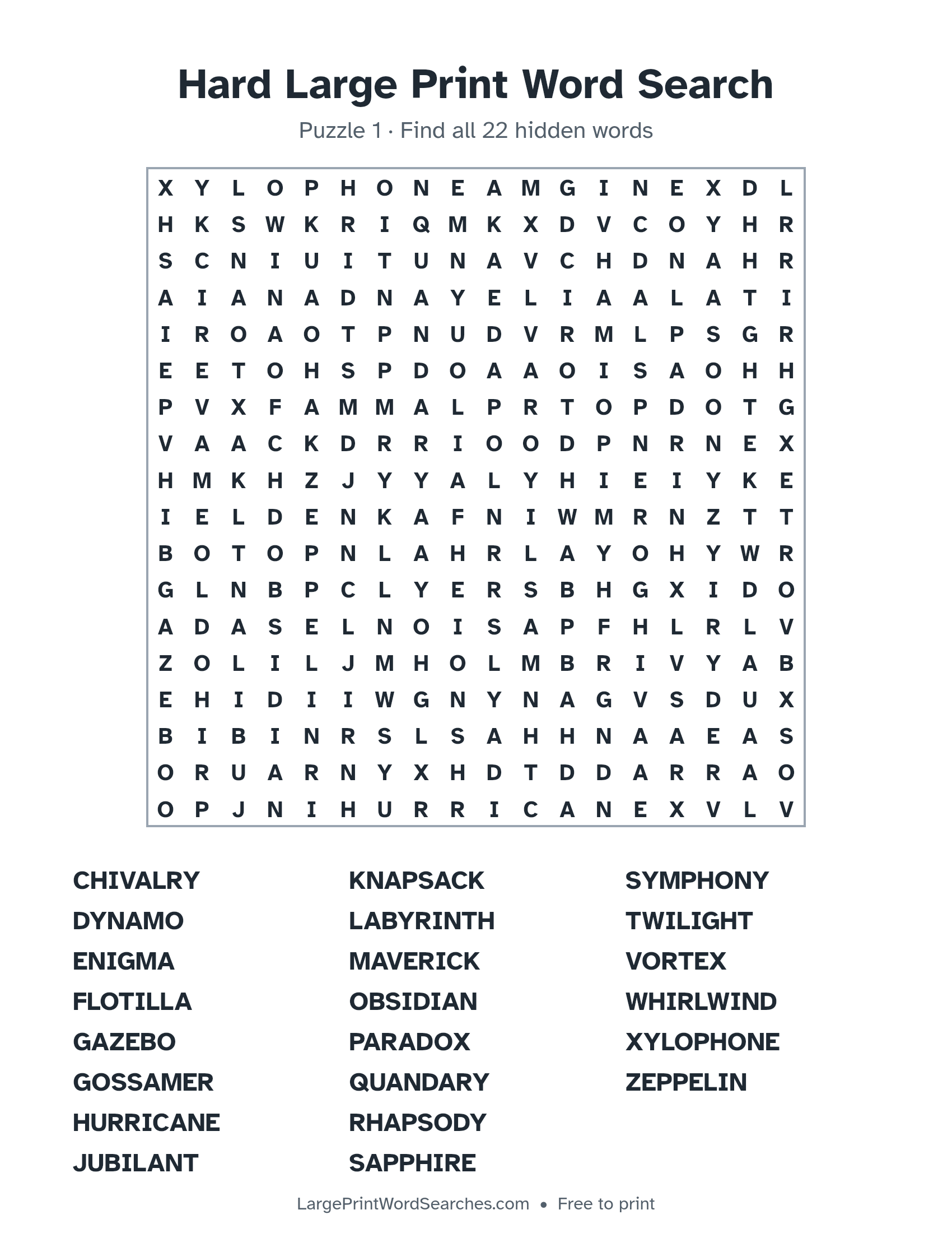 Hard Large Print Word Search puzzle 1: a 18 by 18 letter grid with 22 hidden words in large print