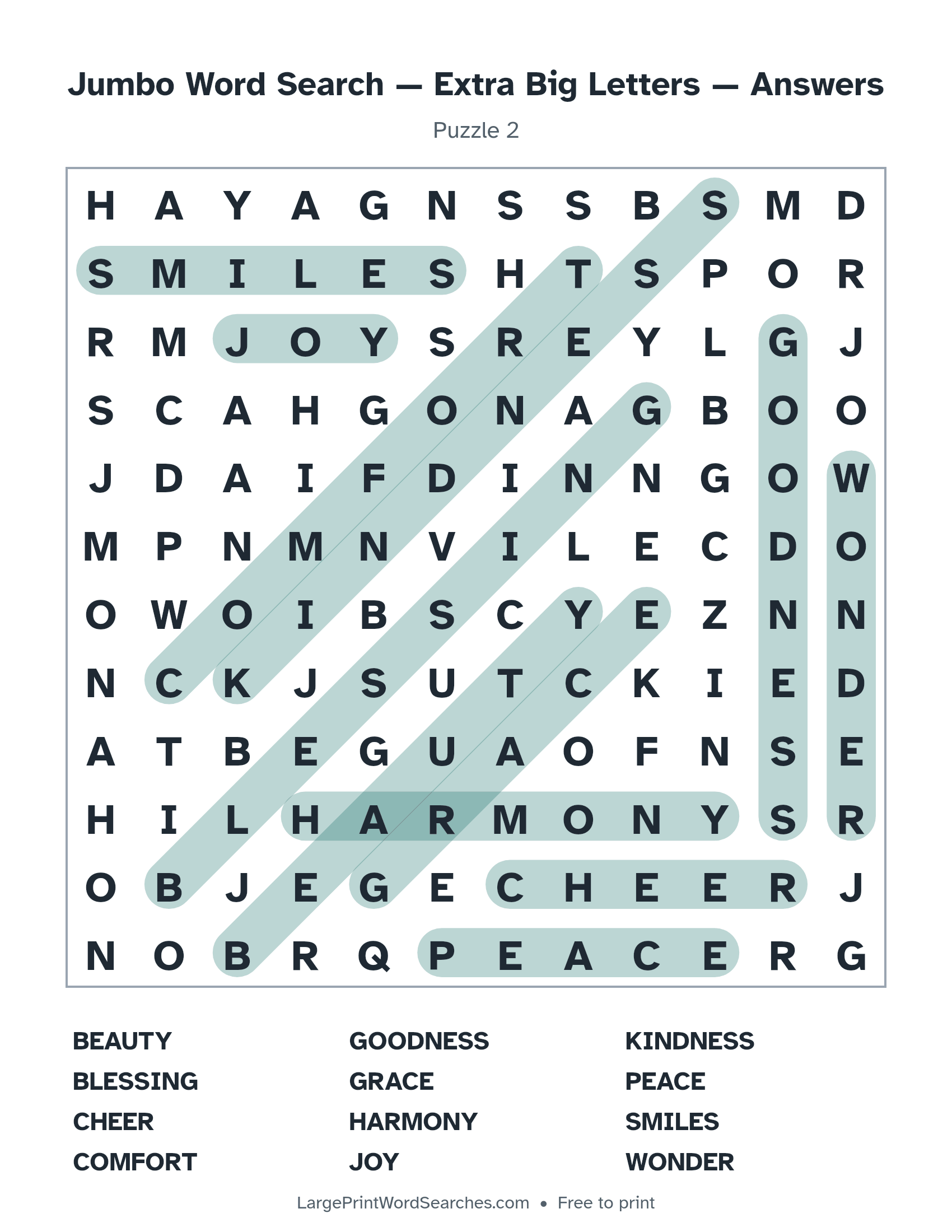 Answer key for jumbo word search — extra big letters puzzle 2 with every hidden word highlighted