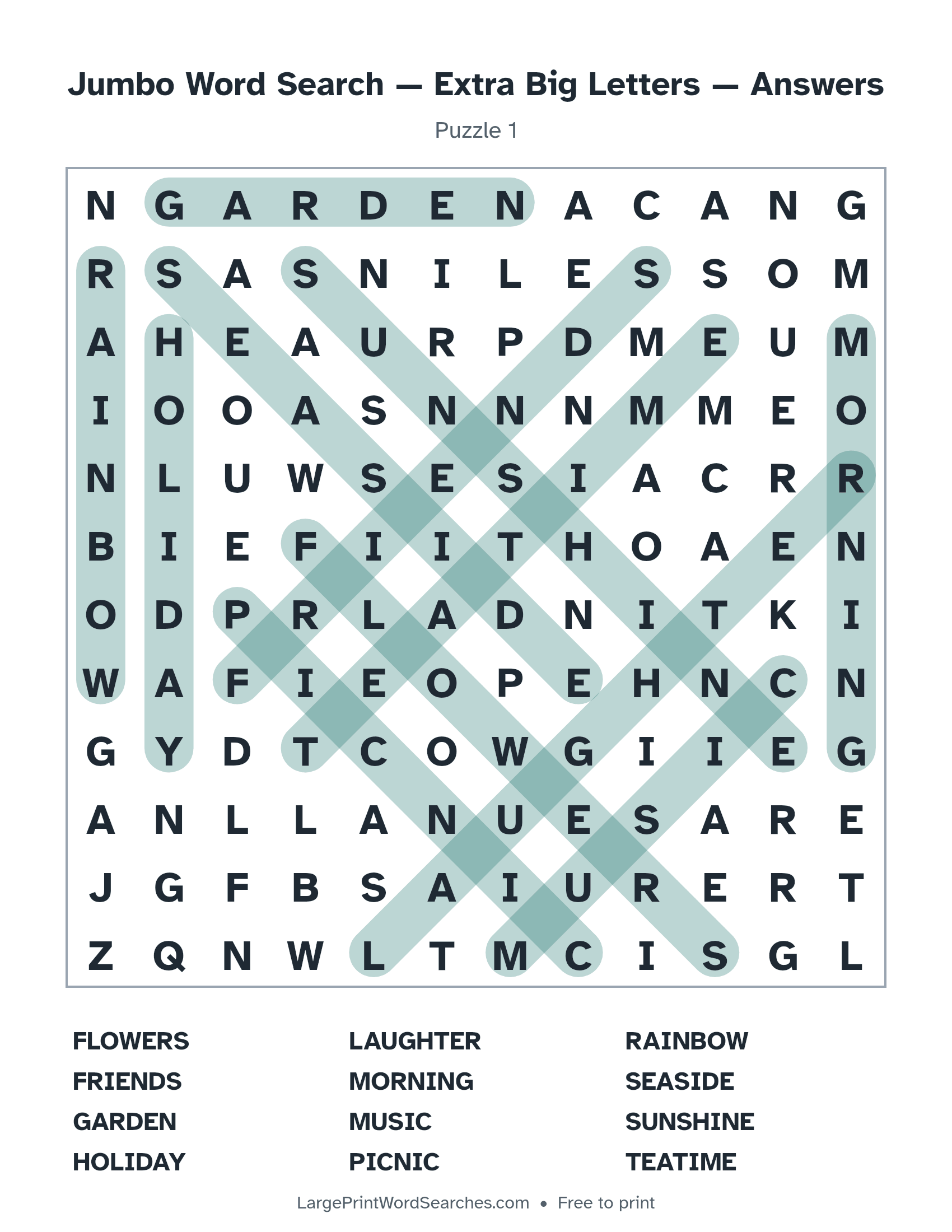 Answer key for jumbo word search — extra big letters puzzle 1 with every hidden word highlighted