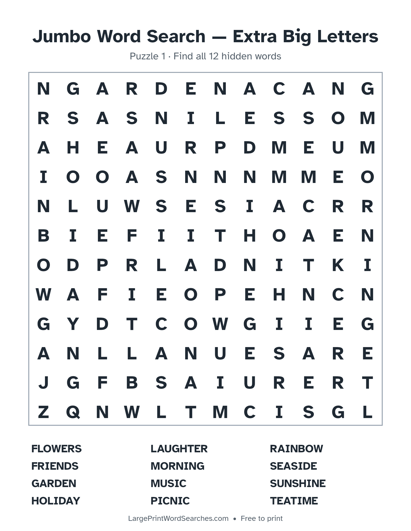 Jumbo Word Search — Extra Big Letters puzzle 1: a 12 by 12 letter grid with 12 hidden words in large print