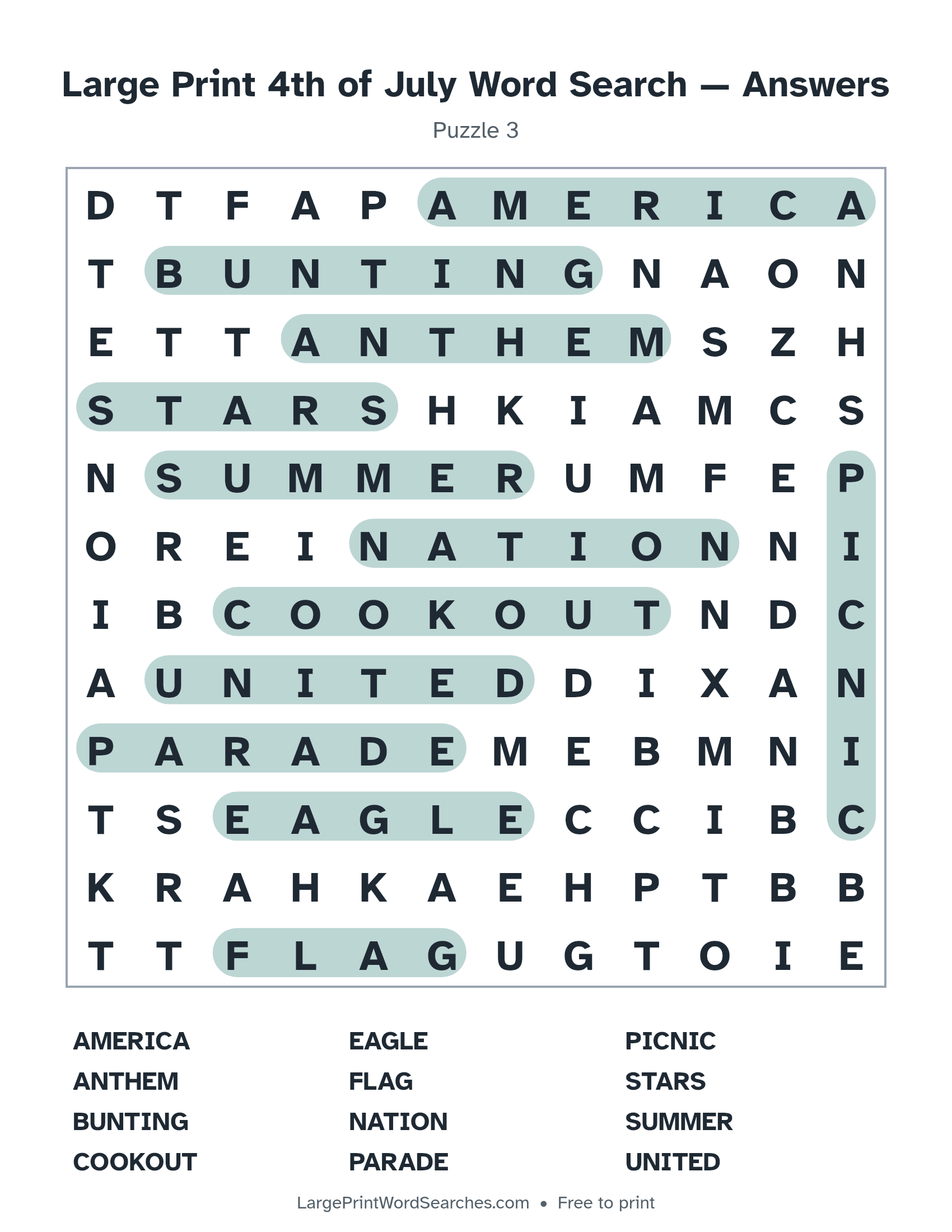 Answer key for large print 4th of july word search puzzle 3 with every hidden word highlighted