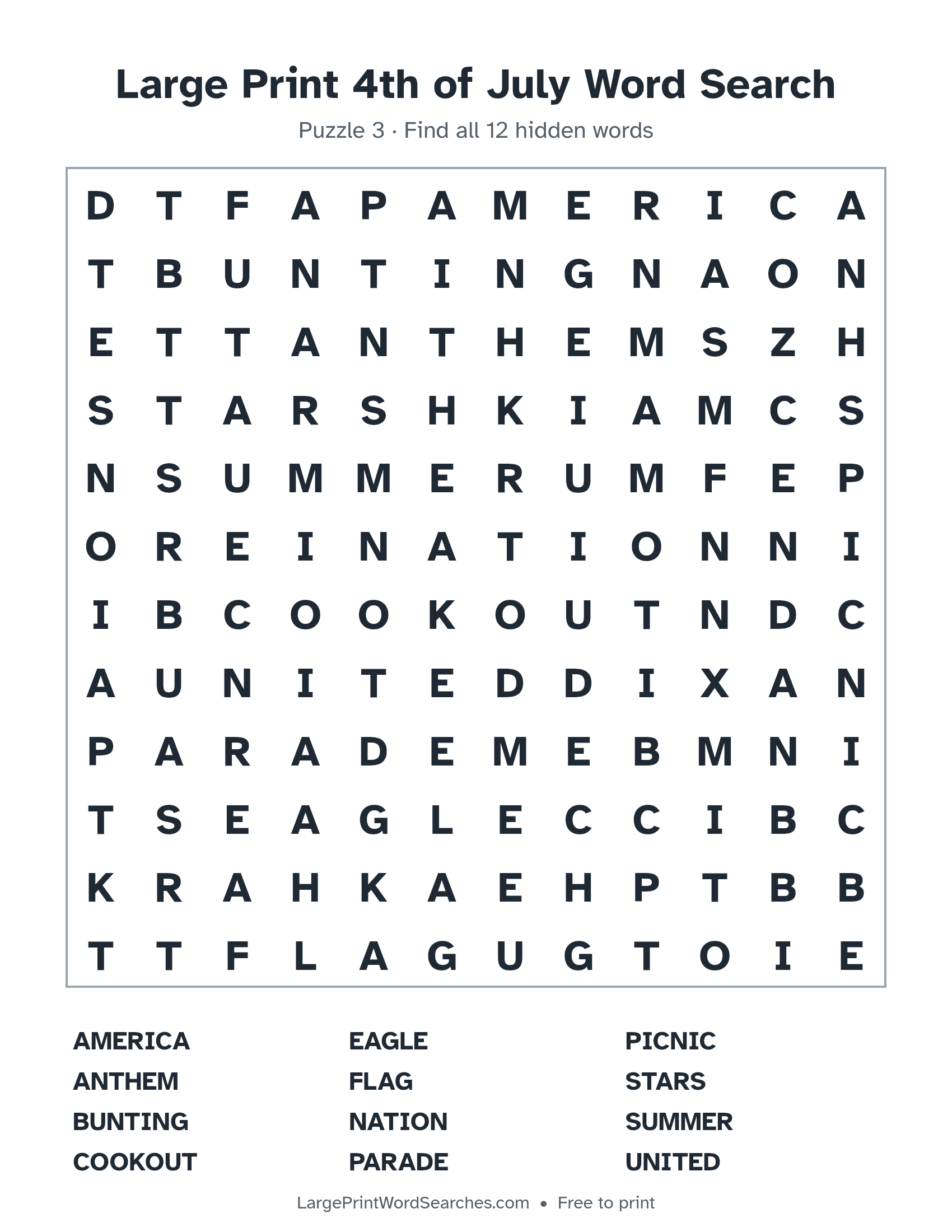 Large Print 4th of July Word Search puzzle 3: a 12 by 12 letter grid with 12 hidden words in large print