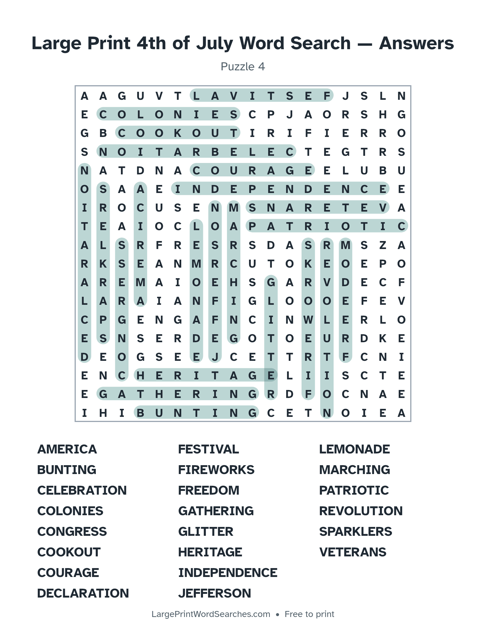 Answer key for large print 4th of july word search puzzle 4 with every hidden word highlighted