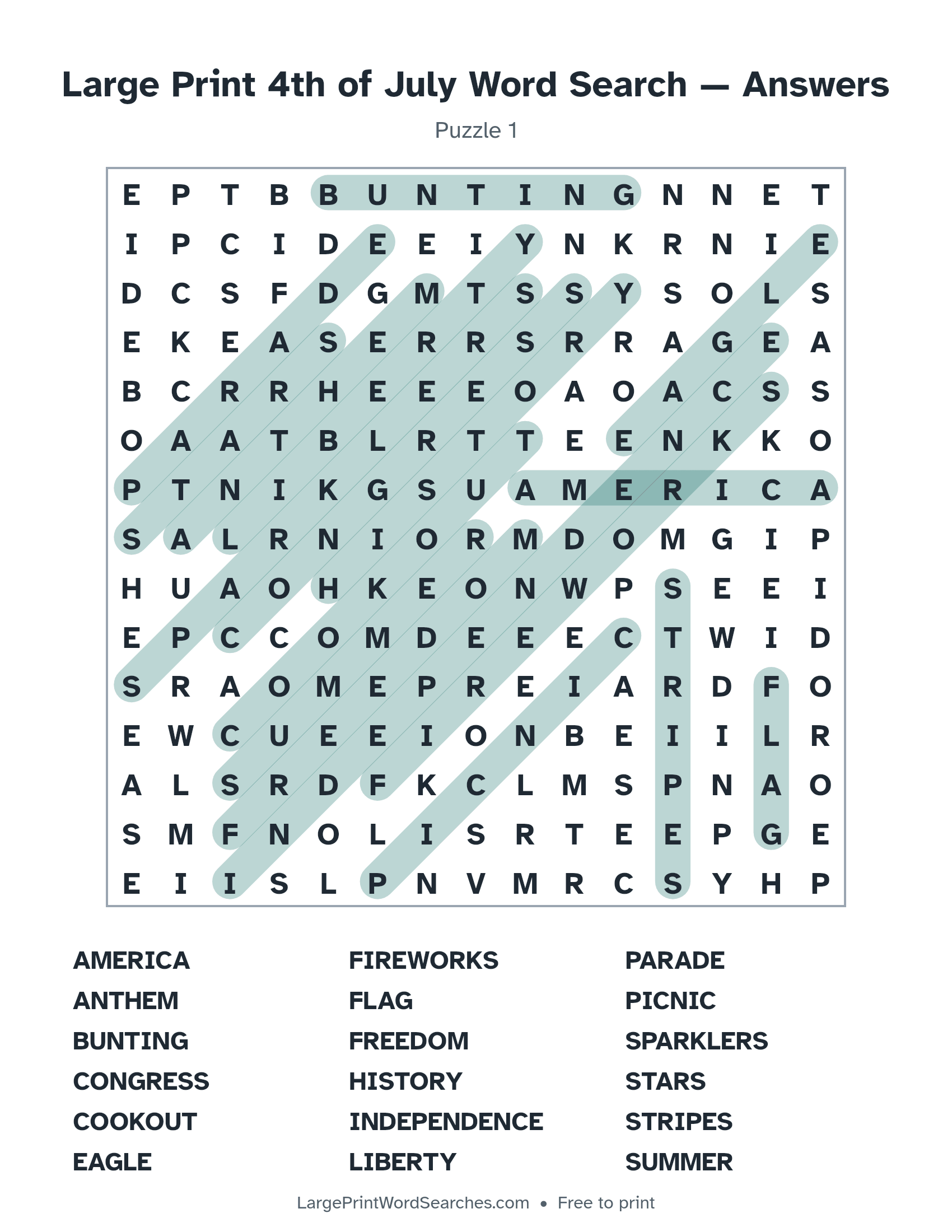Answer key for large print 4th of july word search puzzle 1 with every hidden word highlighted
