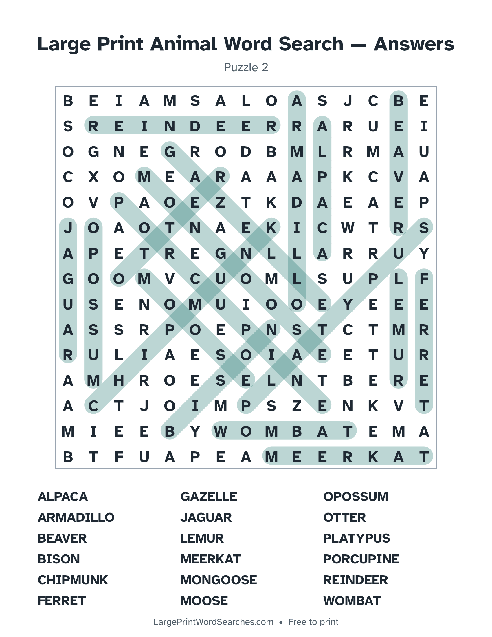 Answer key for large print animal word search puzzle 2 with every hidden word highlighted