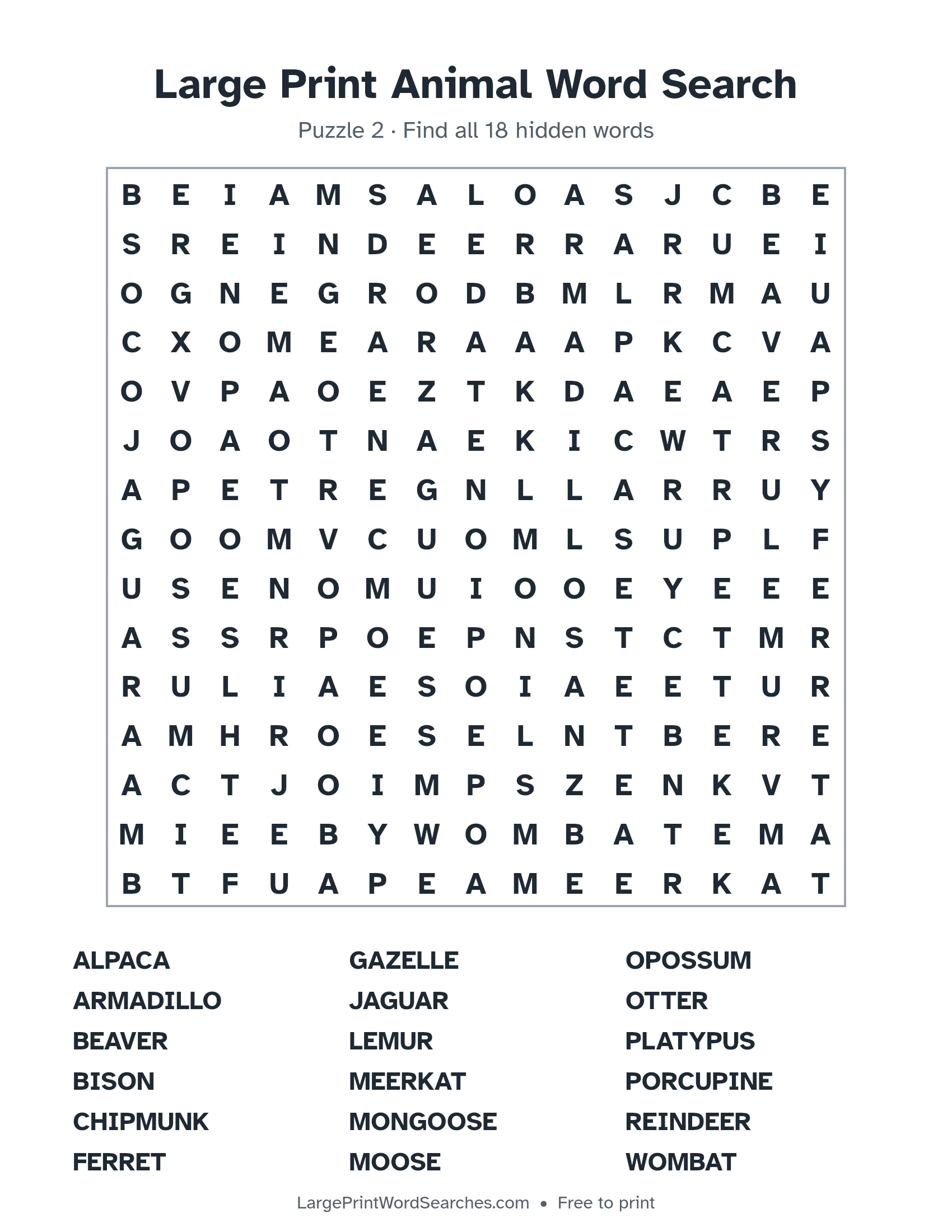 Large Print Animal Word Search puzzle 2: a 15 by 15 letter grid with 18 hidden words in large print