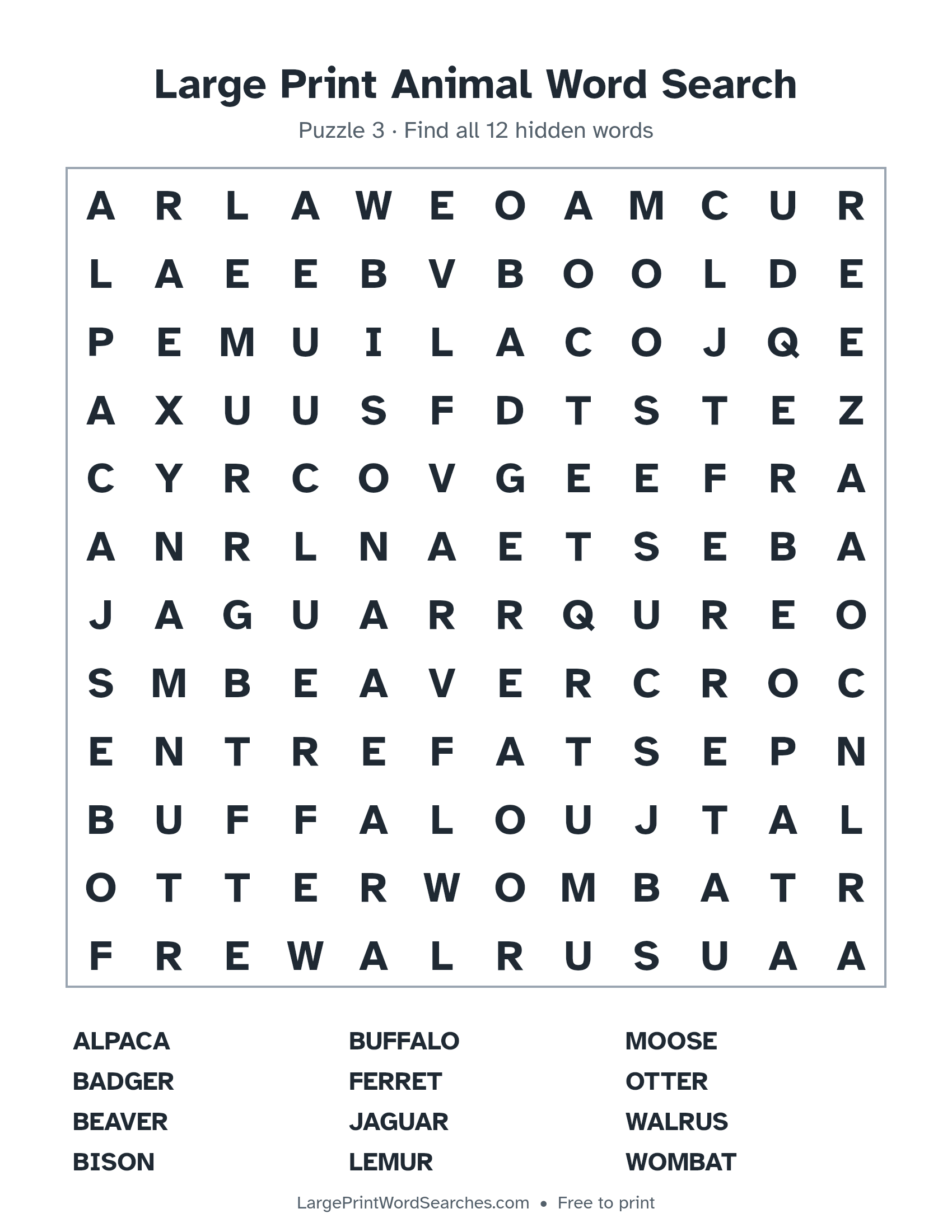 Large Print Animal Word Search puzzle 3: a 12 by 12 letter grid with 12 hidden words in large print