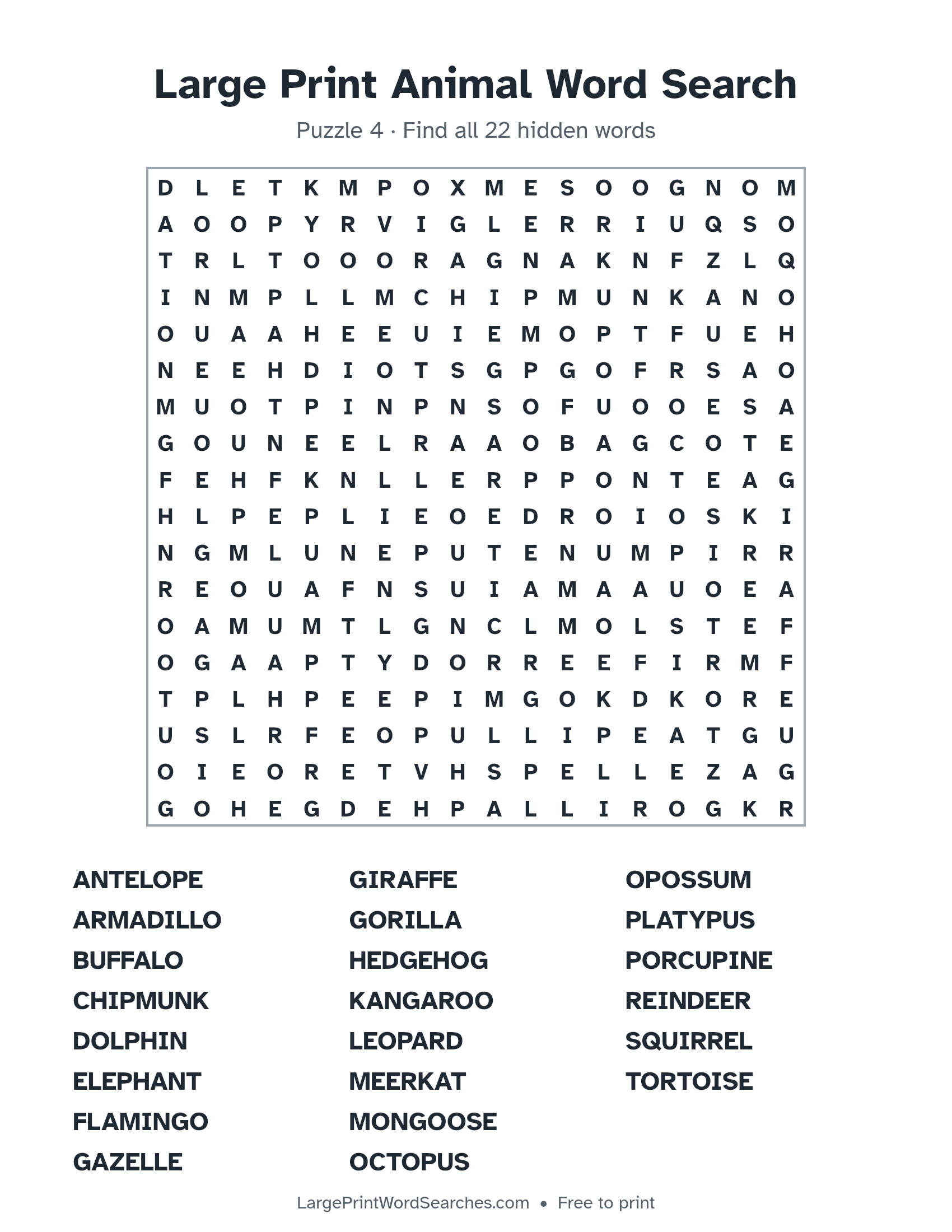 Large Print Animal Word Search puzzle 4: a 18 by 18 letter grid with 22 hidden words in large print
