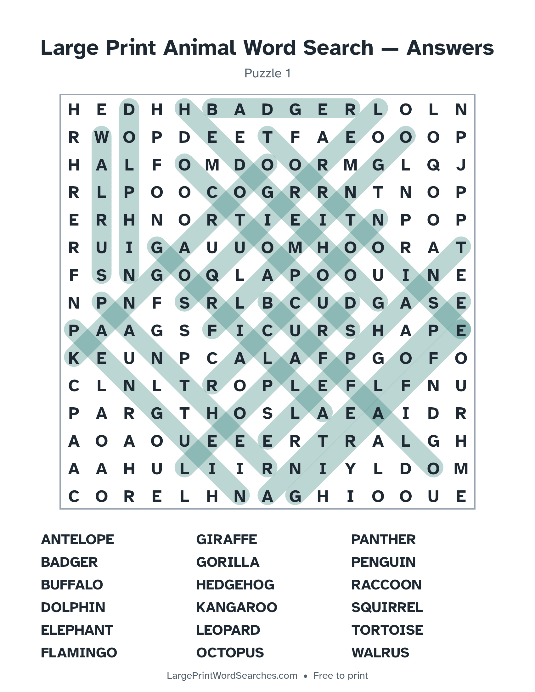 Answer key for large print animal word search puzzle 1 with every hidden word highlighted