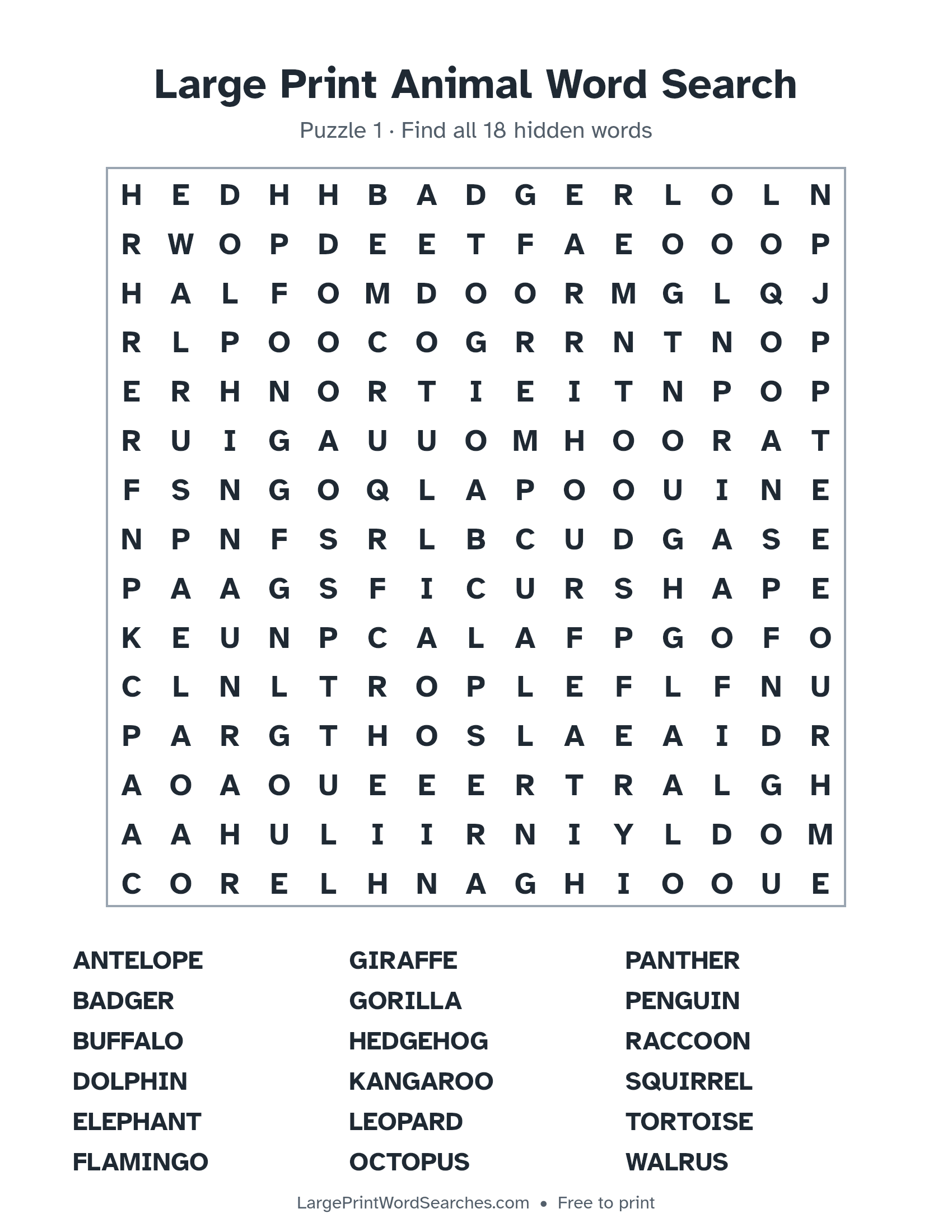Large Print Animal Word Search puzzle 1: a 15 by 15 letter grid with 18 hidden words in large print