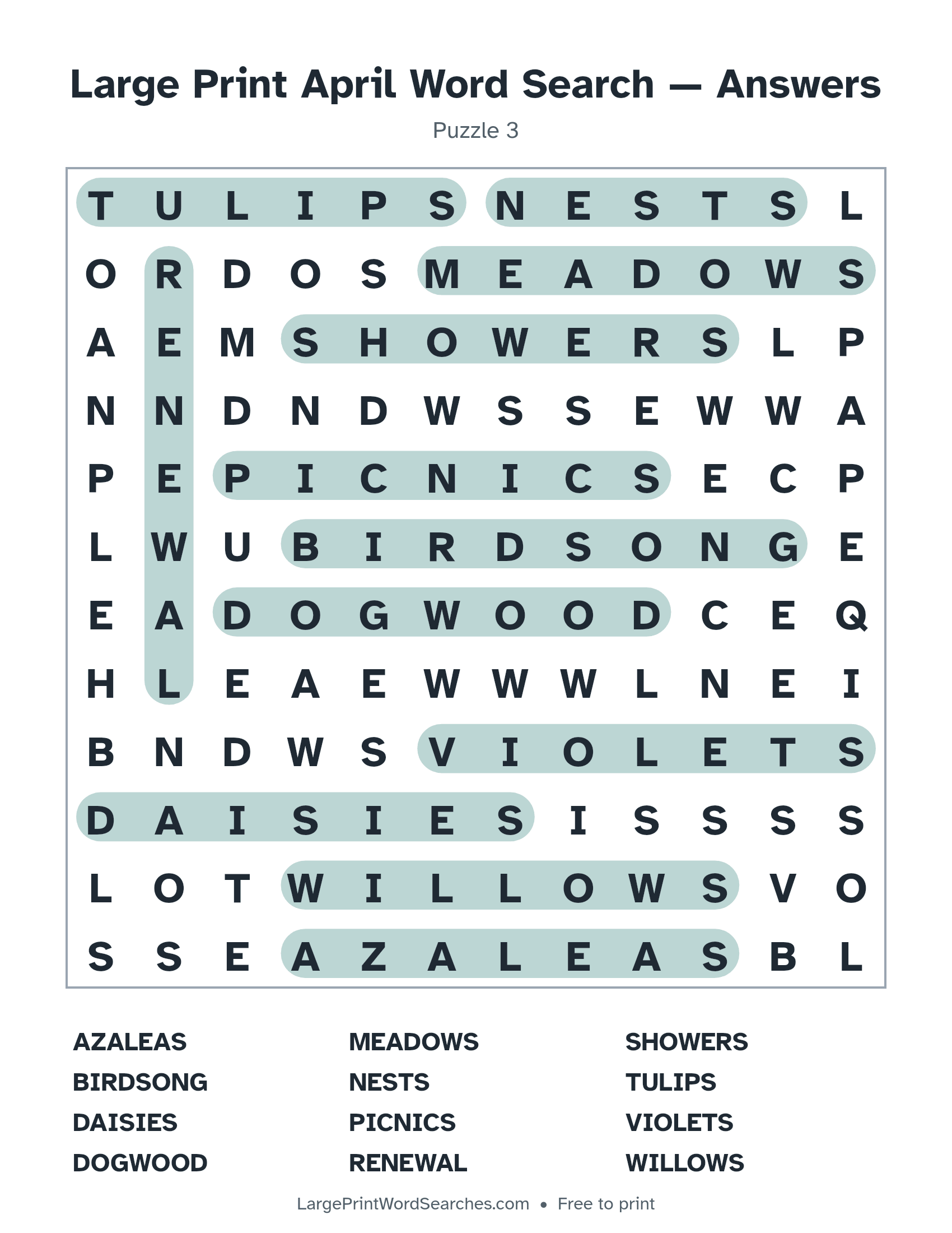 Answer key for large print april word search puzzle 3 with every hidden word highlighted
