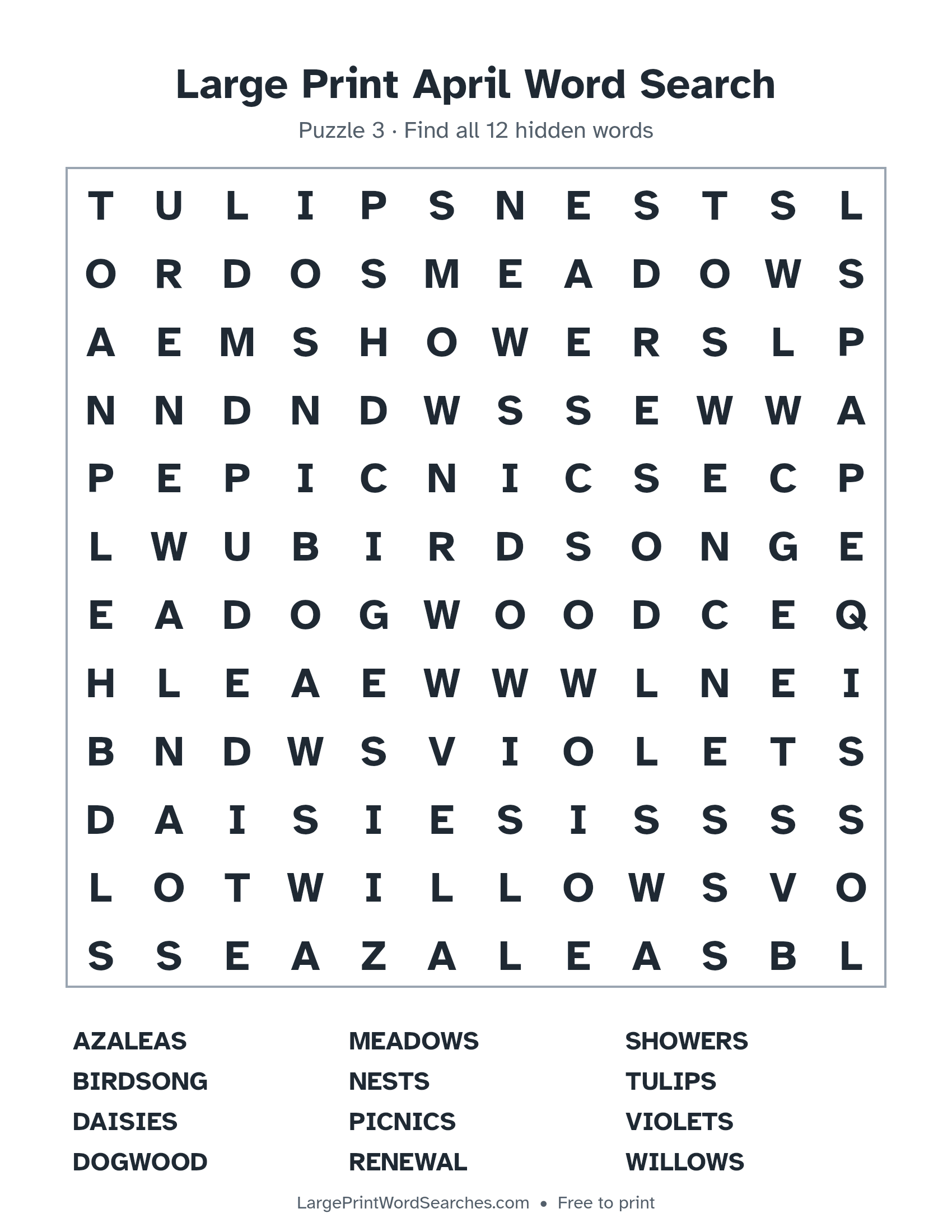 Large Print April Word Search puzzle 3: a 12 by 12 letter grid with 12 hidden words in large print