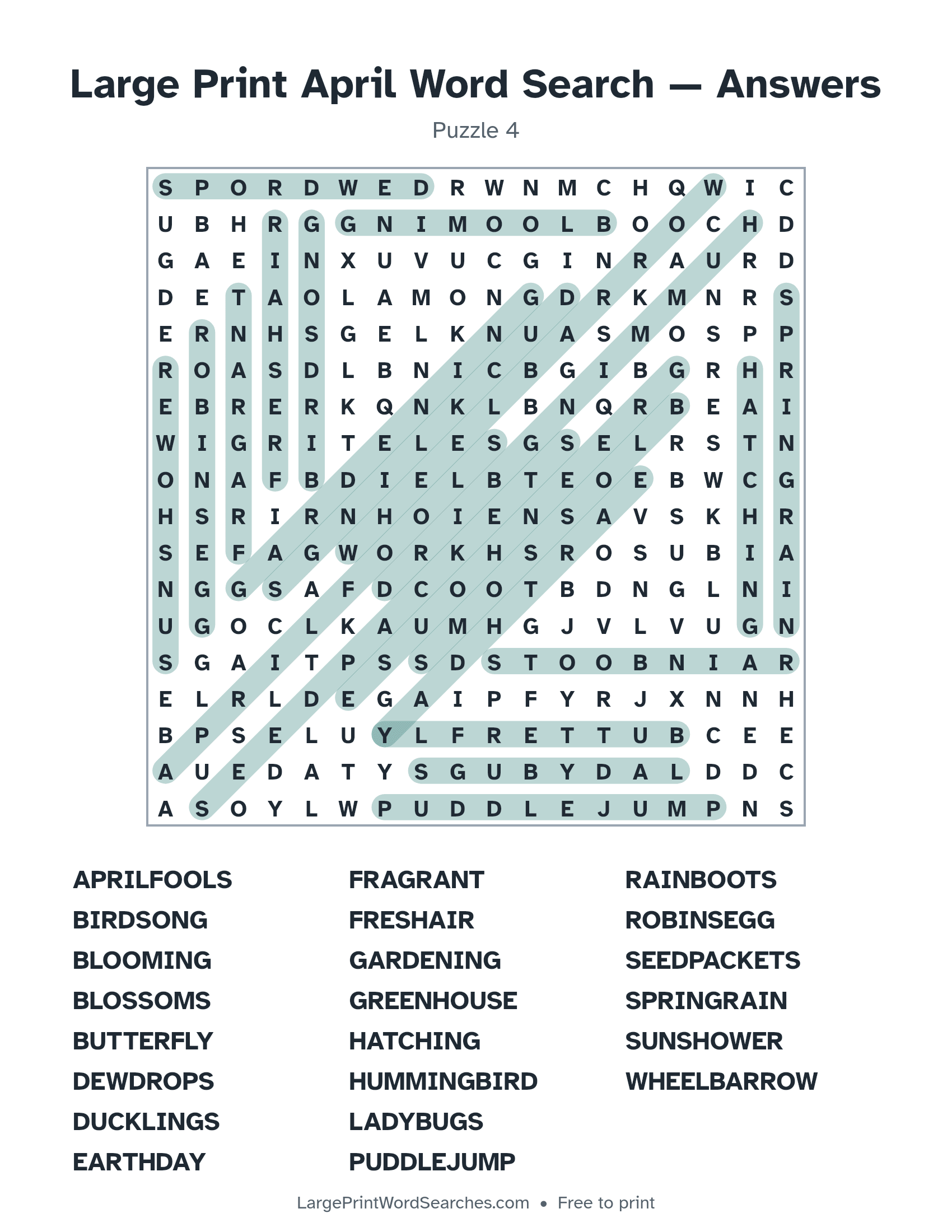 Answer key for large print april word search puzzle 4 with every hidden word highlighted