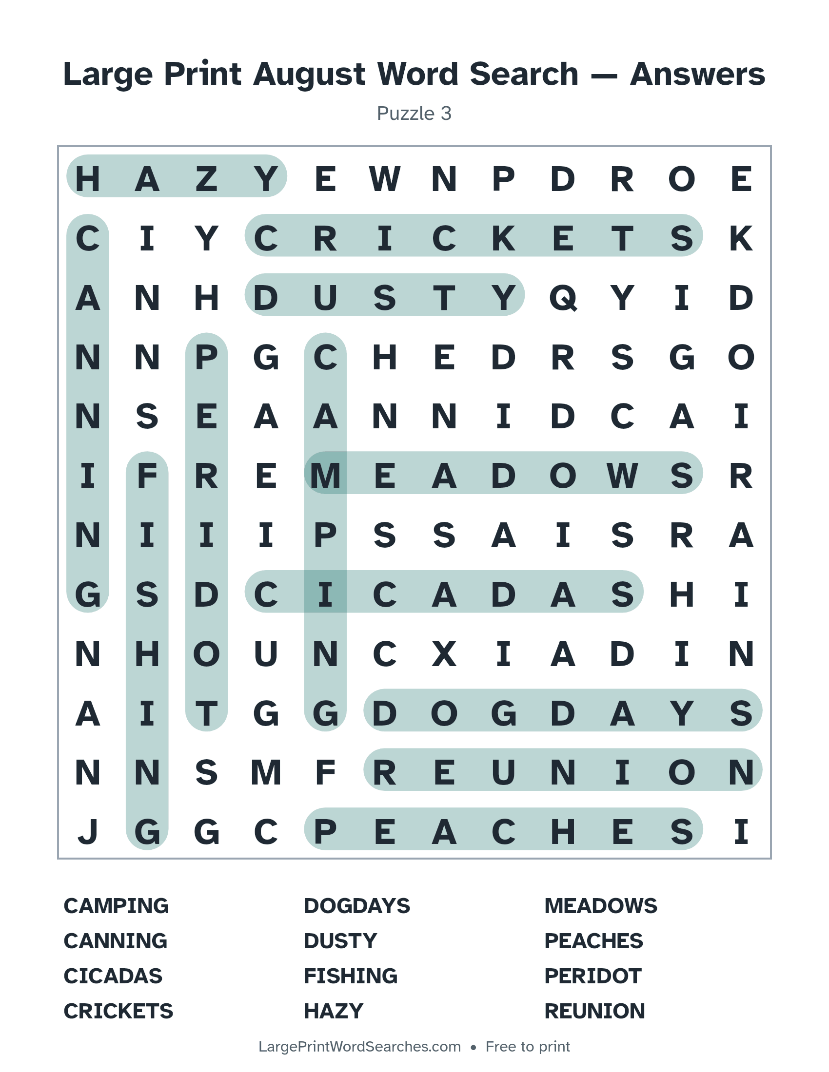 Answer key for large print august word search puzzle 3 with every hidden word highlighted