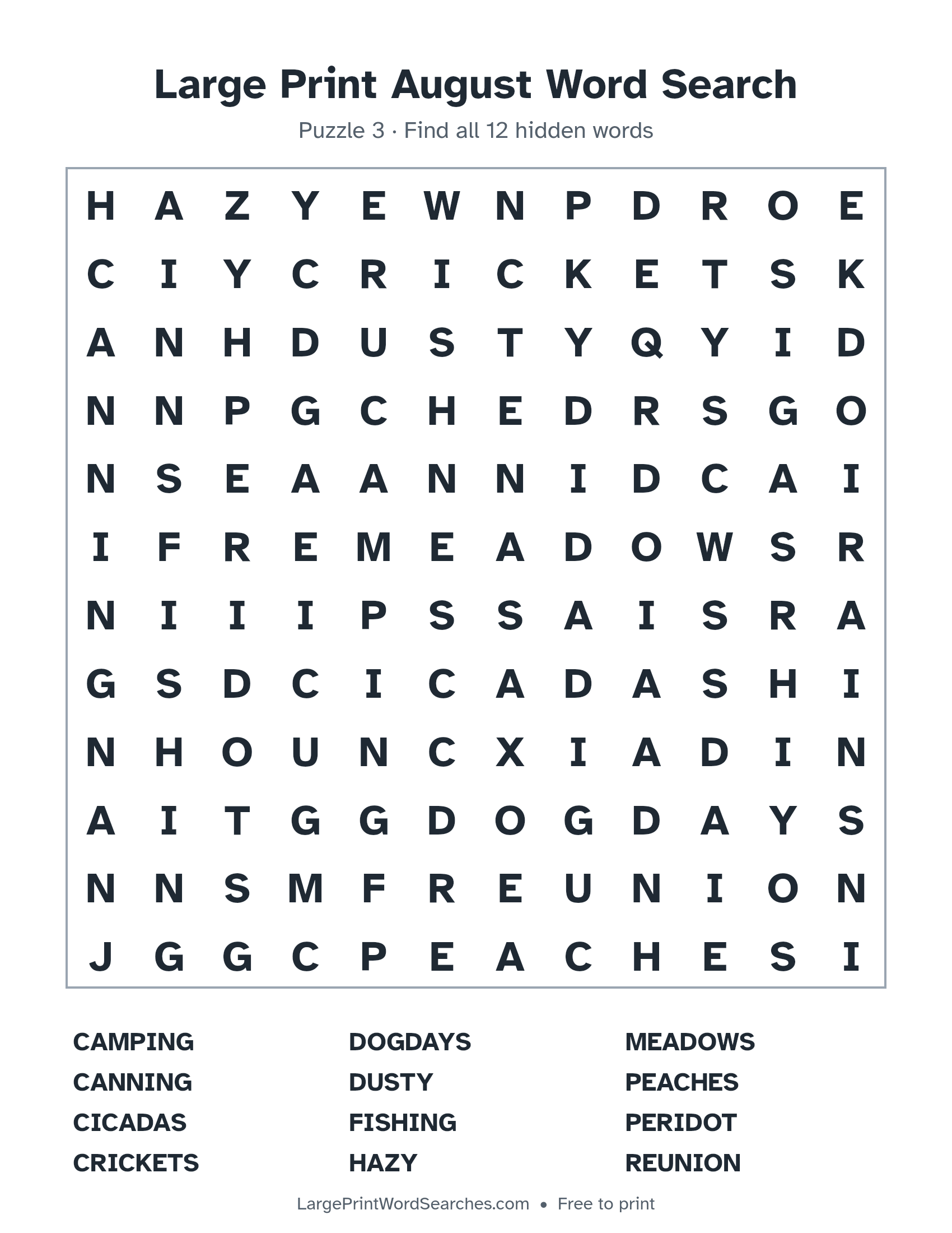 Large Print August Word Search puzzle 3: a 12 by 12 letter grid with 12 hidden words in large print