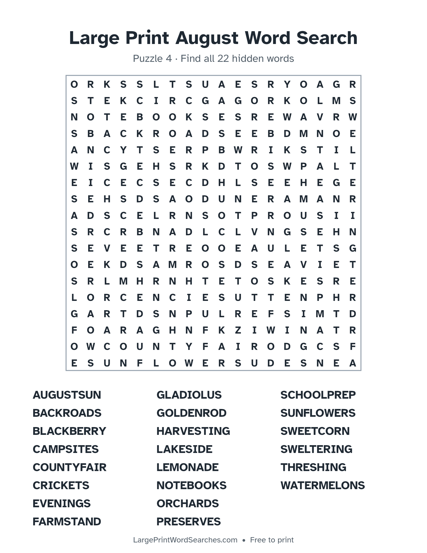 Large Print August Word Search puzzle 4: a 18 by 18 letter grid with 22 hidden words in large print