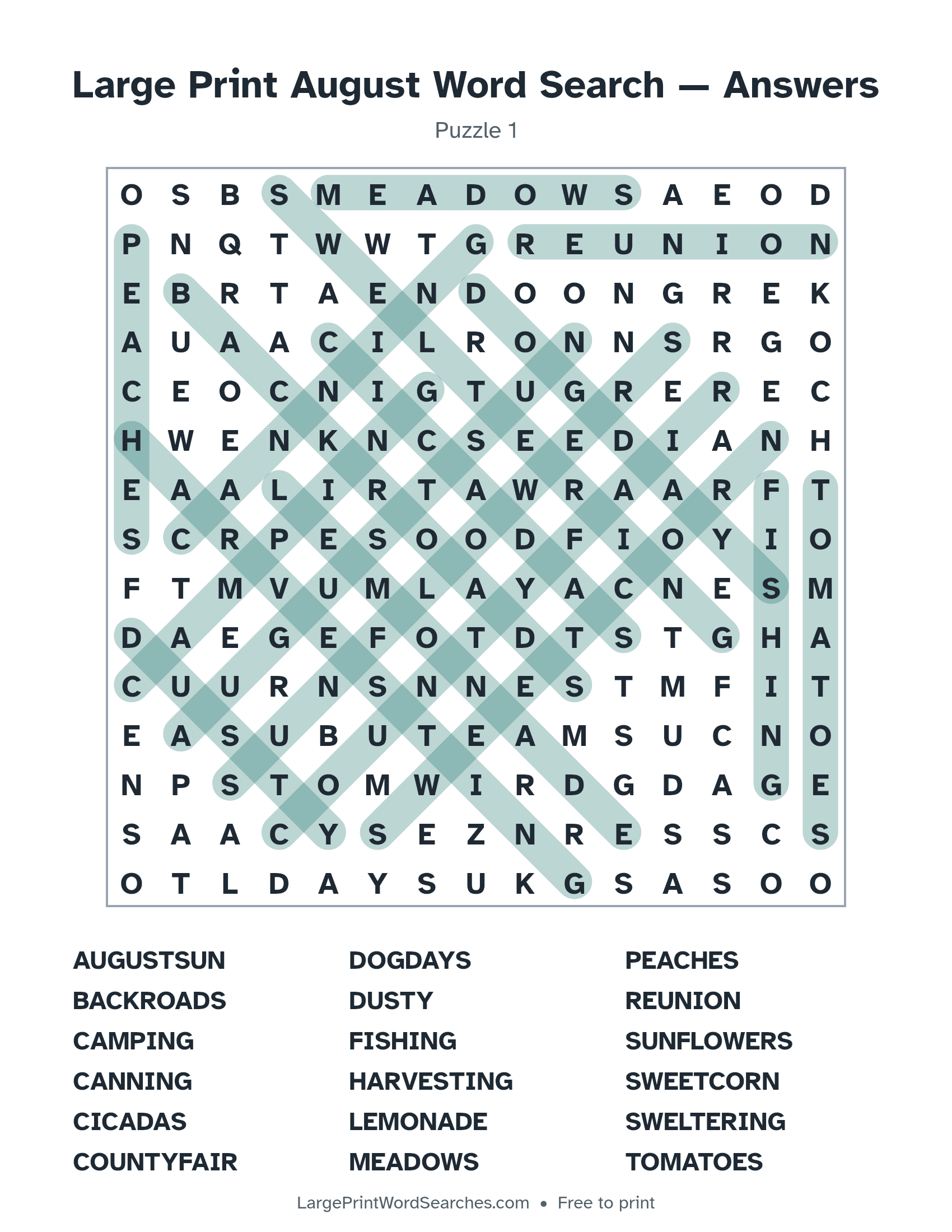 Answer key for large print august word search puzzle 1 with every hidden word highlighted