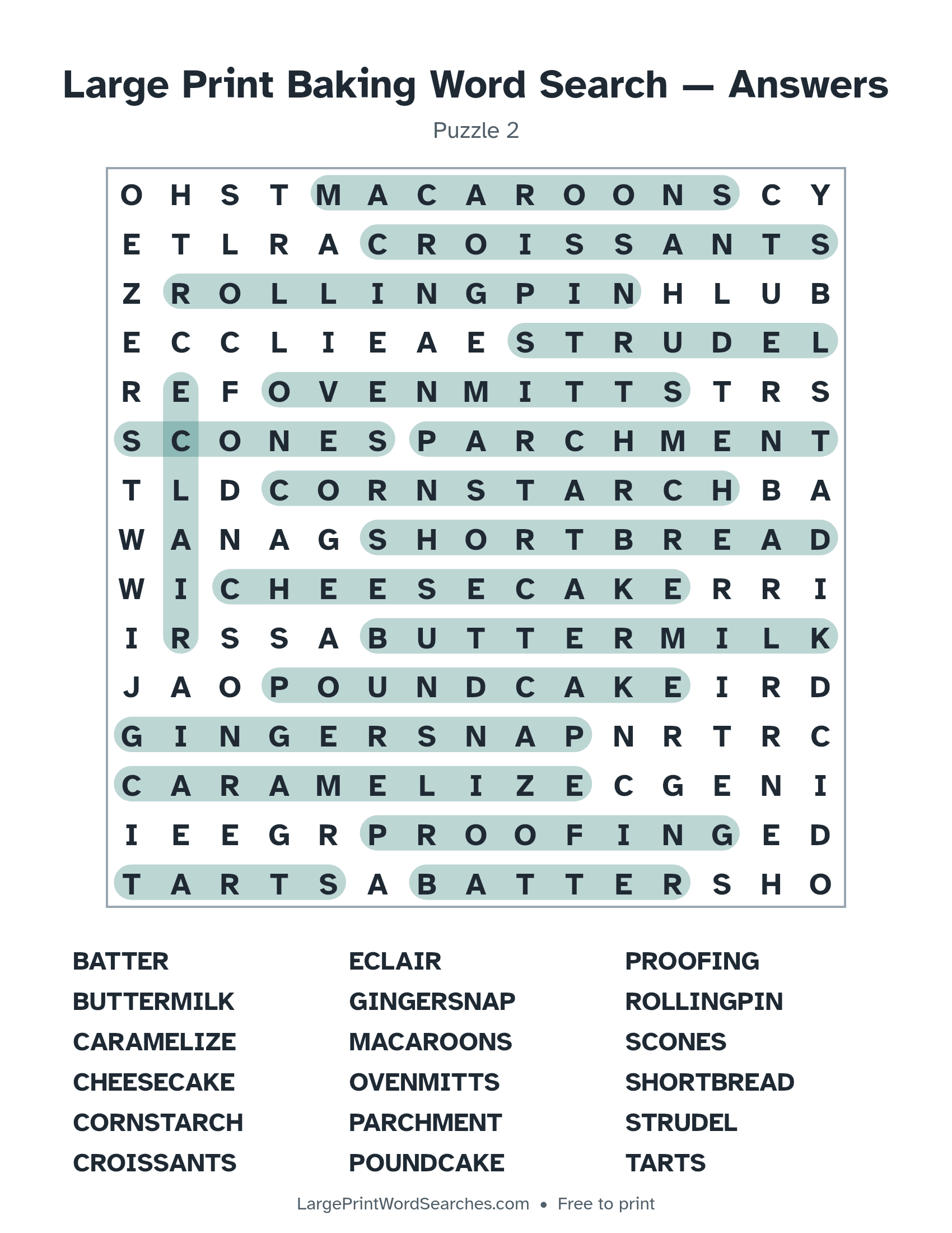 Answer key for large print baking word search puzzle 2 with every hidden word highlighted