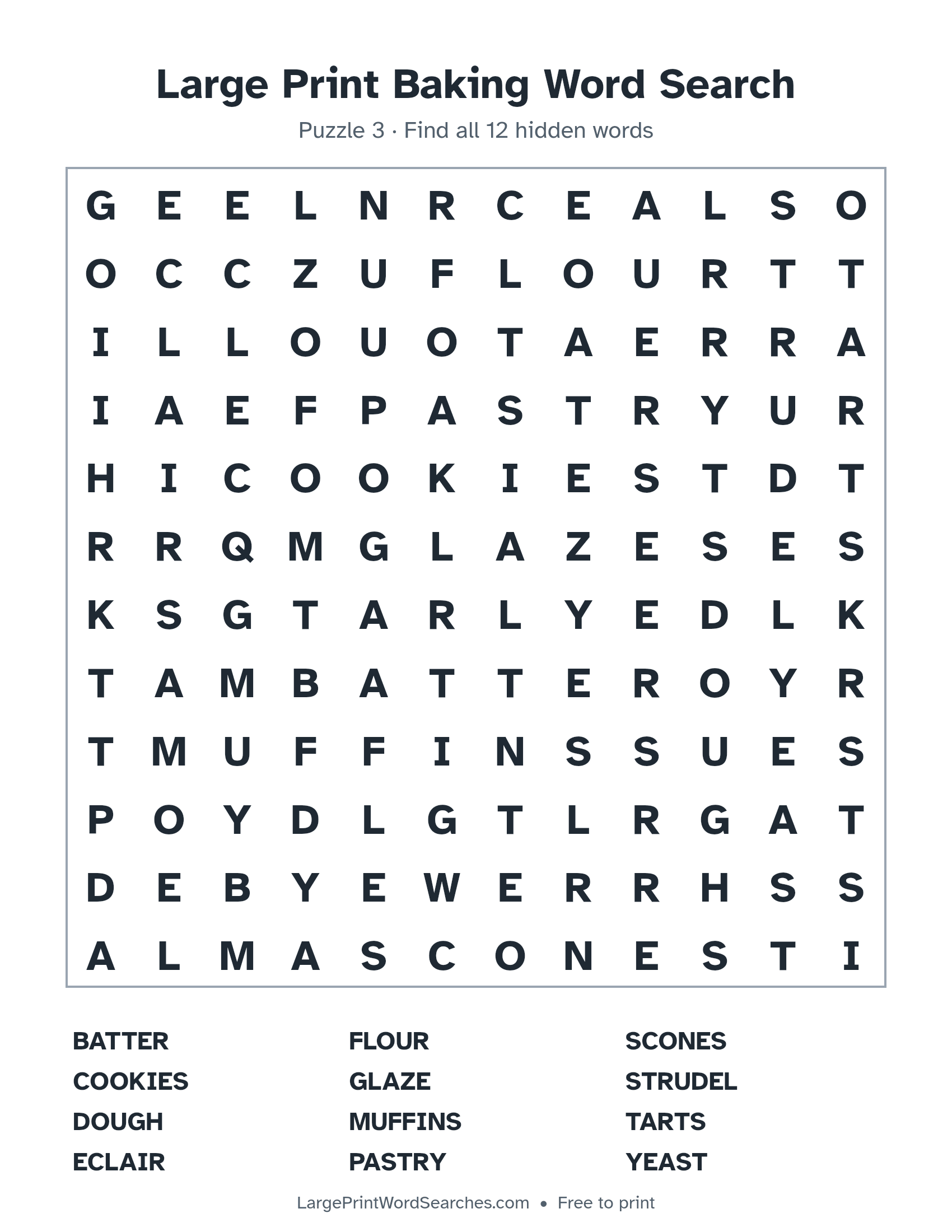 Large Print Baking Word Search puzzle 3: a 12 by 12 letter grid with 12 hidden words in large print
