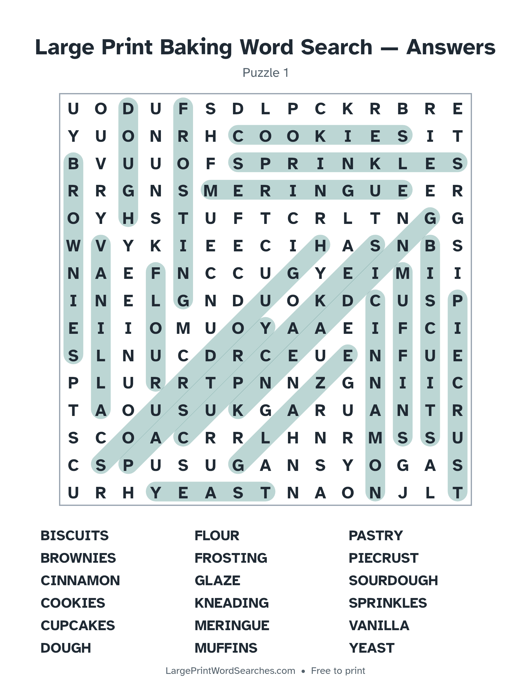 Answer key for large print baking word search puzzle 1 with every hidden word highlighted