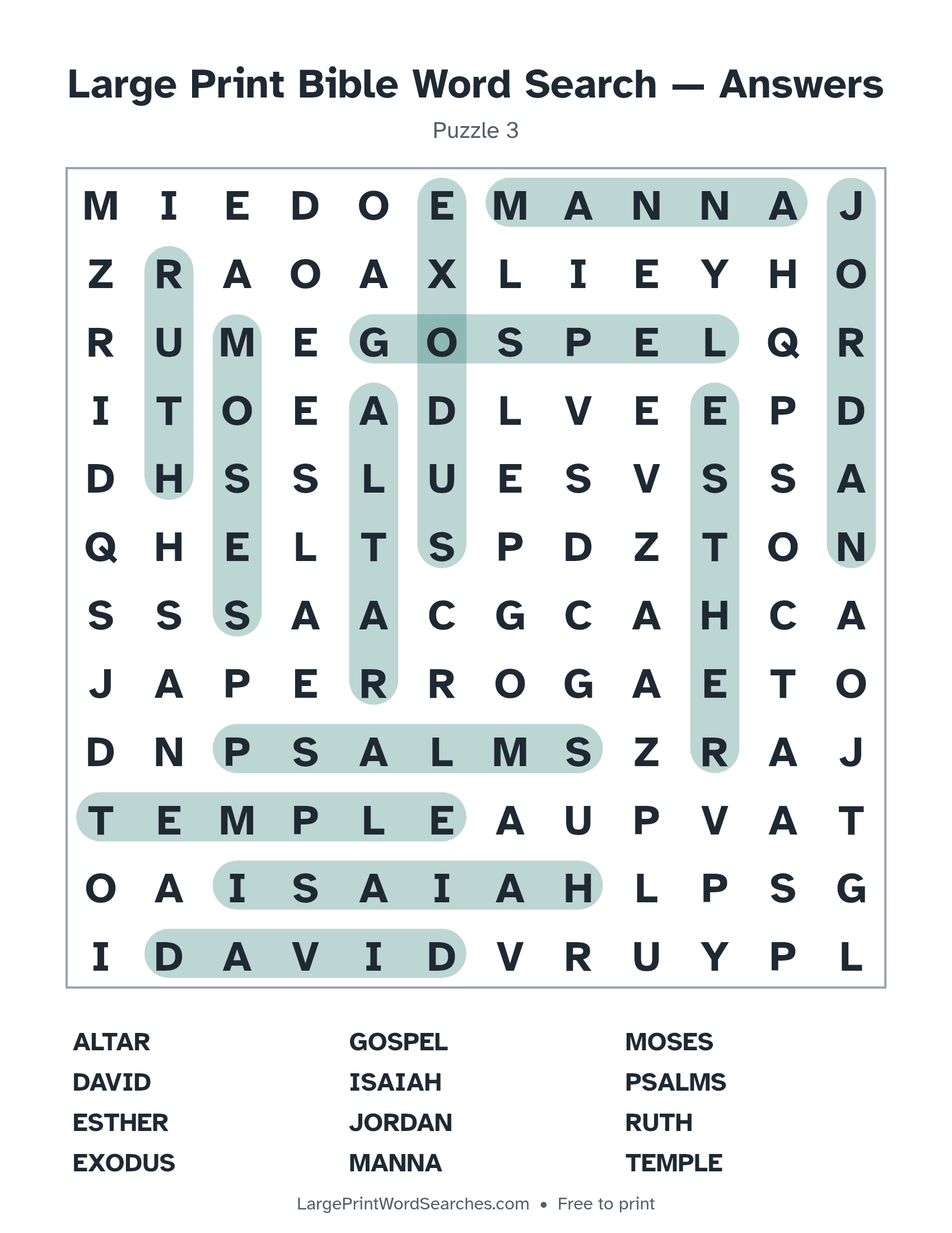Answer key for large print bible word search puzzle 3 with every hidden word highlighted