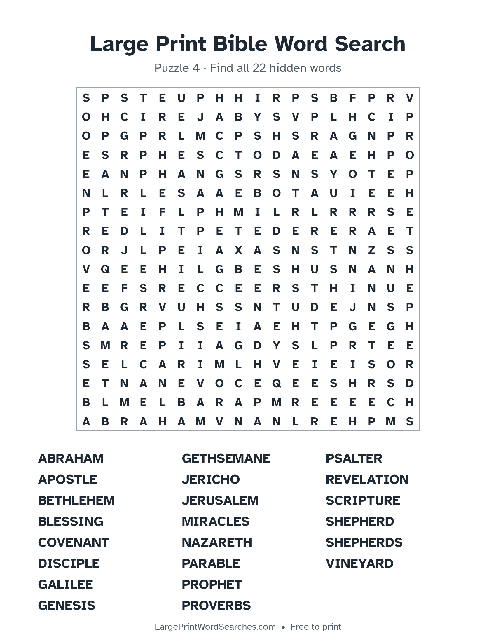 Large Print Bible Word Search puzzle 4: a 18 by 18 letter grid with 22 hidden words in large print