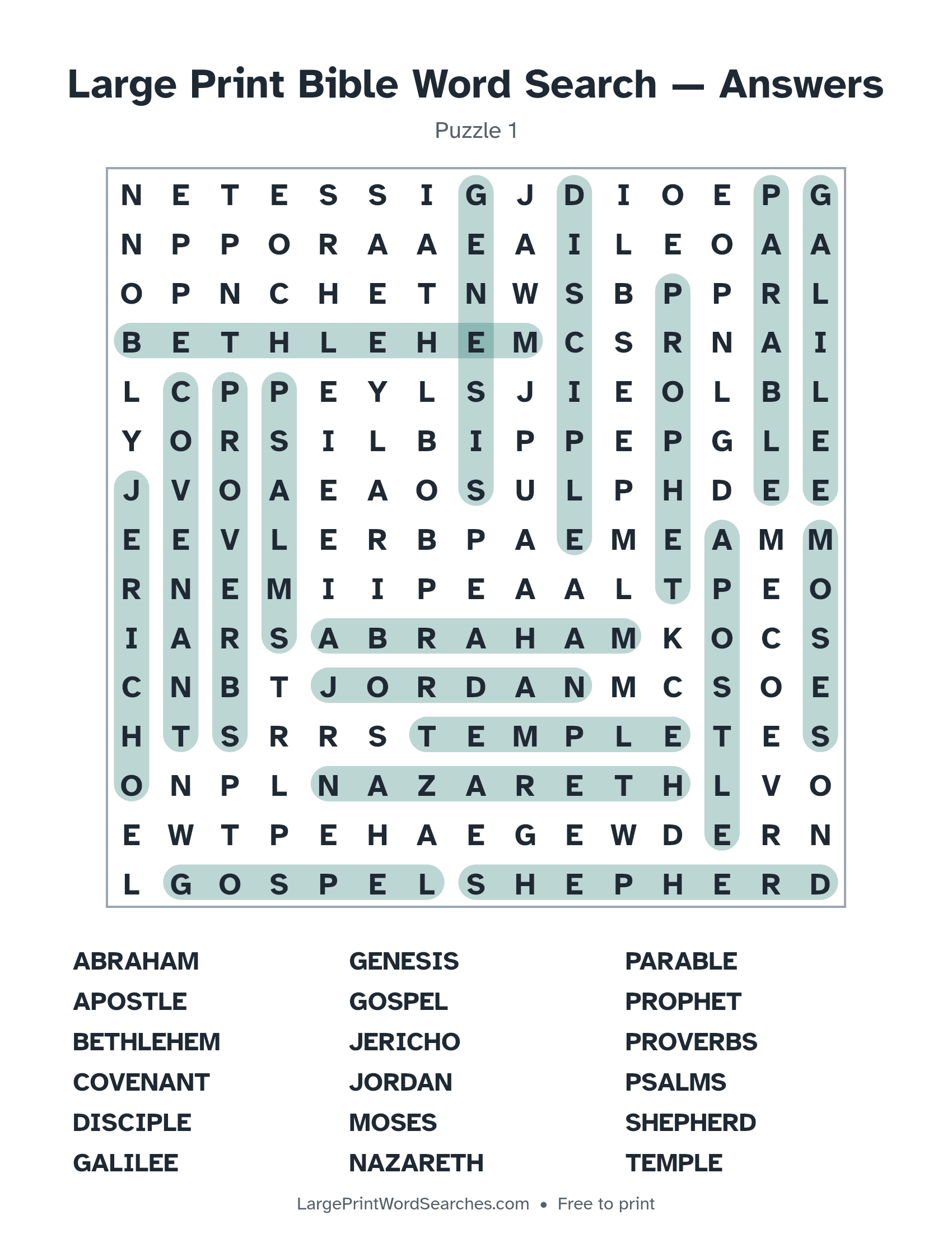 Answer key for large print bible word search puzzle 1 with every hidden word highlighted