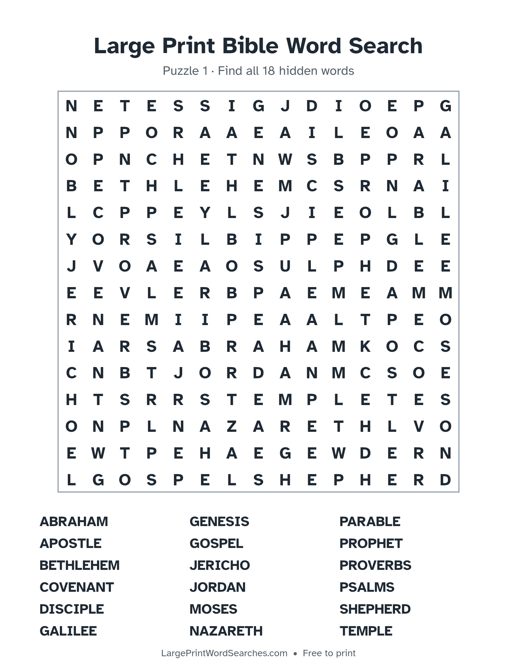 Large Print Bible Word Search puzzle 1: a 15 by 15 letter grid with 18 hidden words in large print