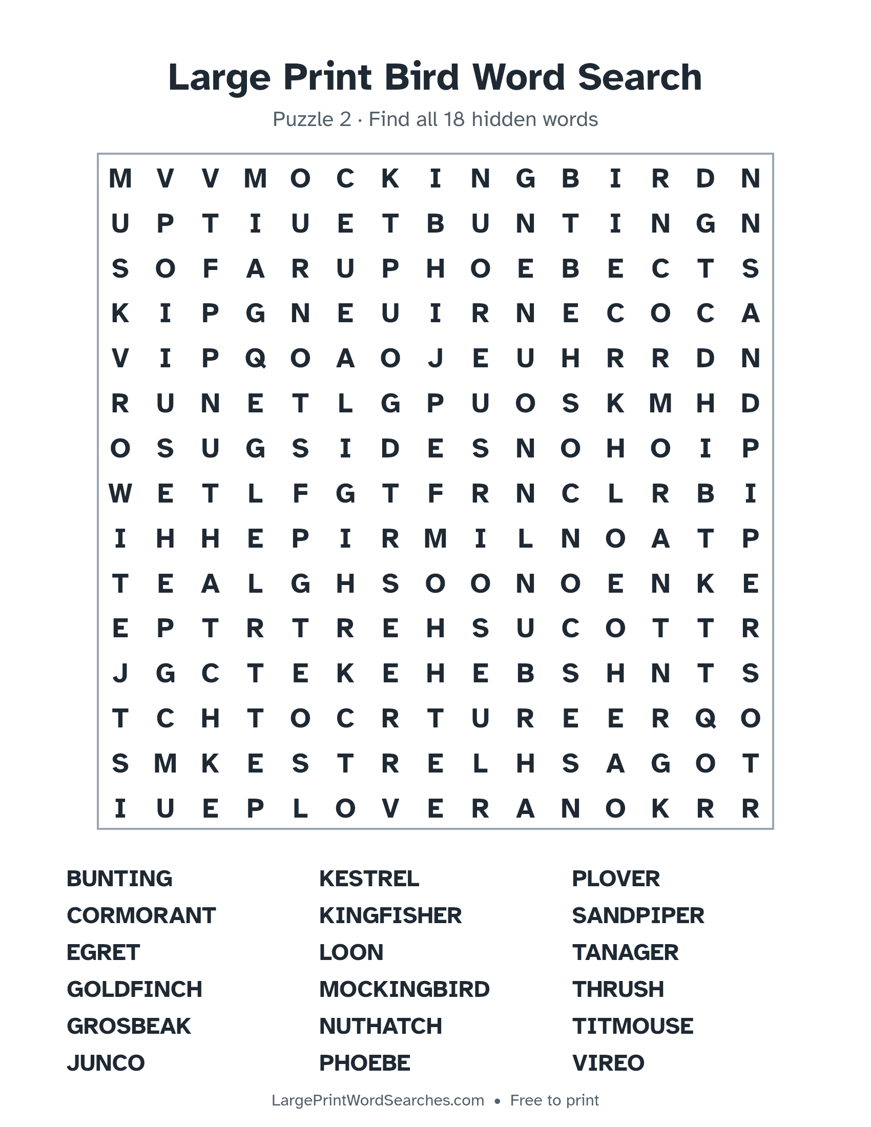Large Print Bird Word Search puzzle 2: a 15 by 15 letter grid with 18 hidden words in large print