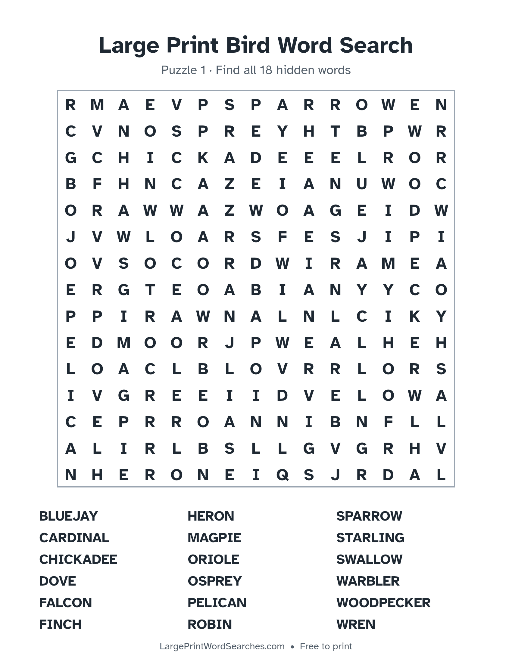 Large Print Bird Word Search puzzle 1: a 15 by 15 letter grid with 18 hidden words in large print