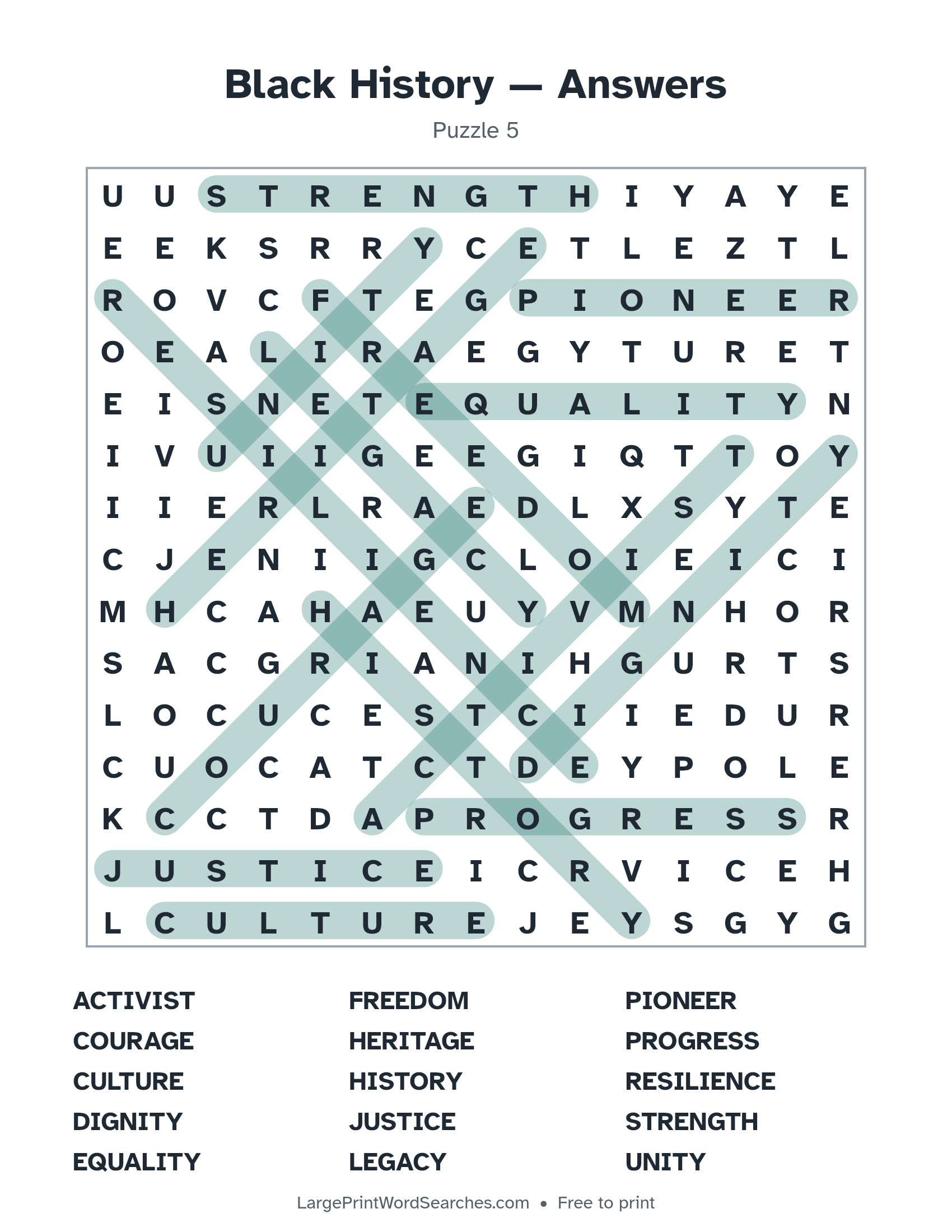 Answer key for the Black History puzzle (large print black history month word search puzzle 5) with every hidden word highlighted