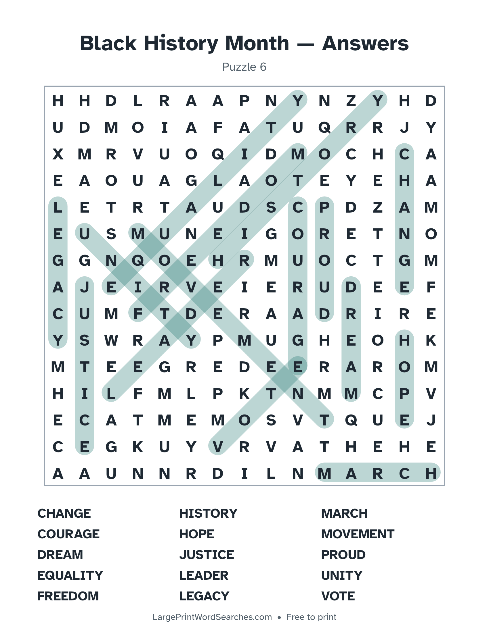 Answer key for the Black History Month puzzle (large print black history month word search puzzle 6) with every hidden word highlighted