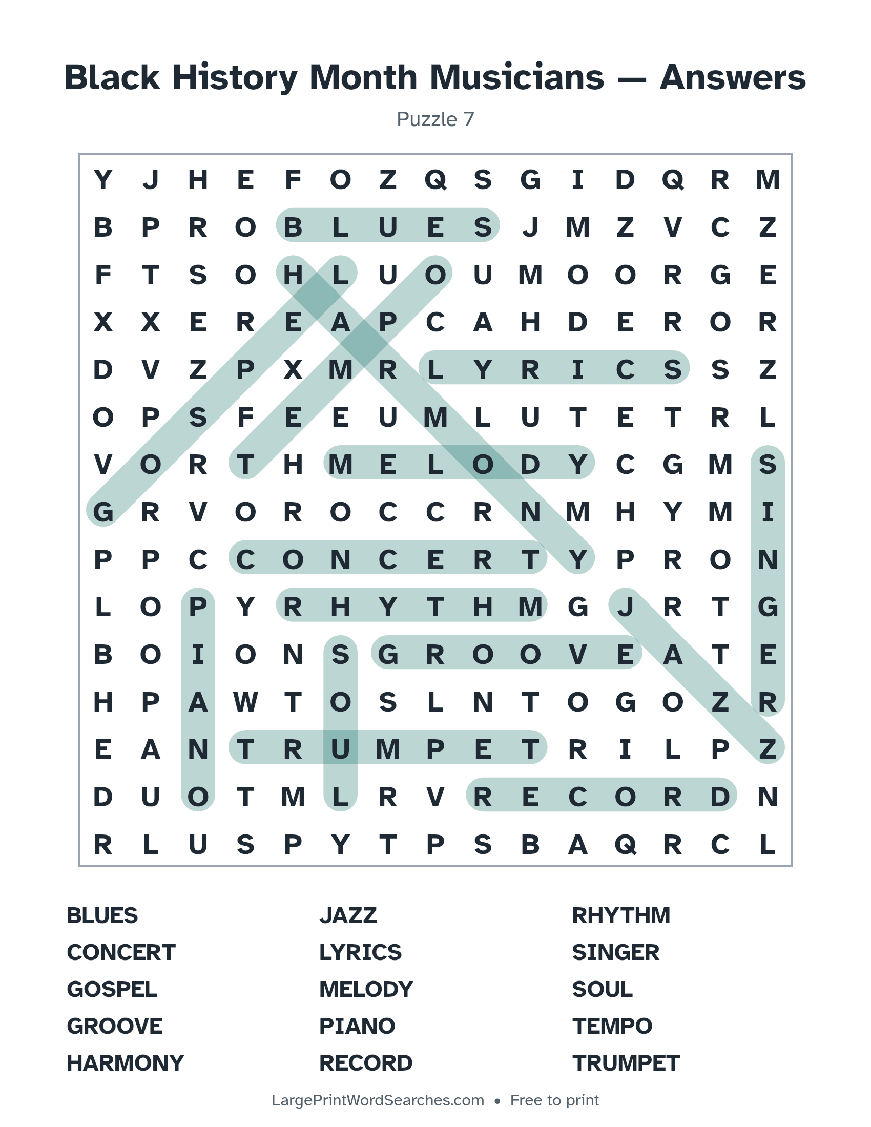 Answer key for the Black History Month Musicians puzzle (large print black history month word search puzzle 7) with every hidden word highlighted