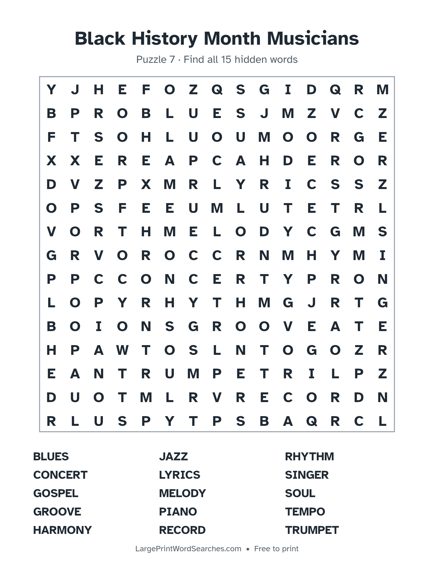 Black History Month Musicians — Large Print Black History Month Word Search puzzle 7: a 15 by 15 letter grid with 15 hidden words in large print