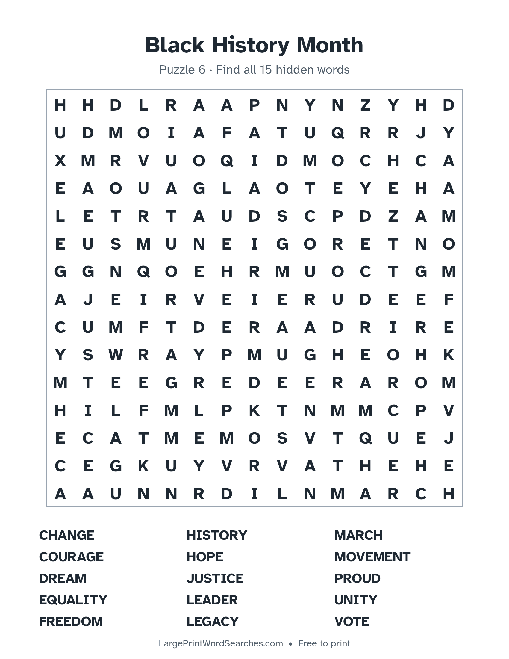 Black History Month — Large Print Black History Month Word Search puzzle 6: a 15 by 15 letter grid with 15 hidden words in large print