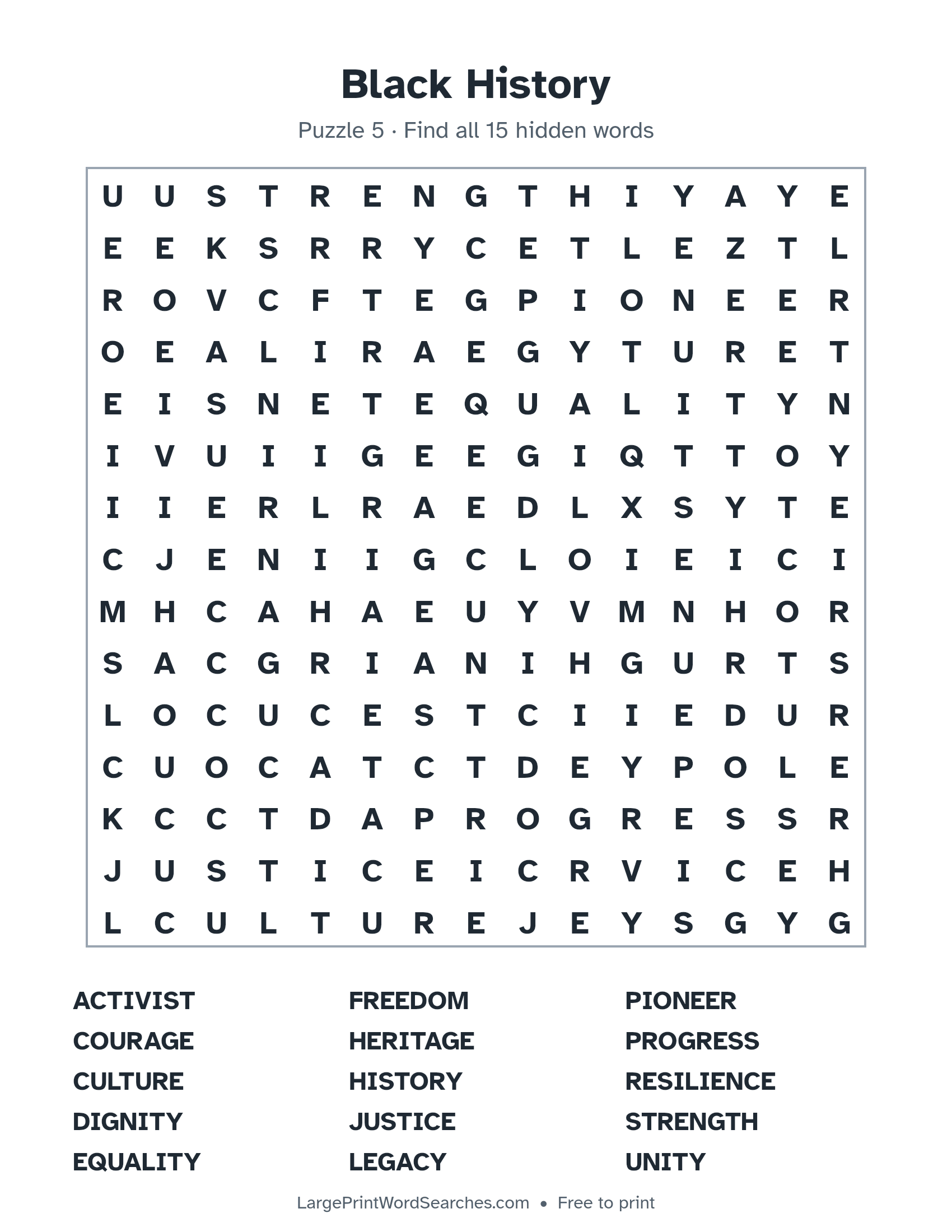 Black History — Large Print Black History Month Word Search puzzle 5: a 15 by 15 letter grid with 15 hidden words in large print