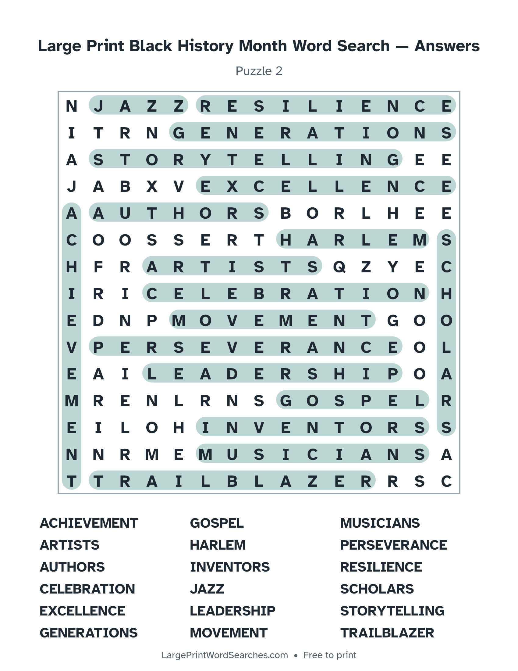 Answer key for large print black history month word search puzzle 2 with every hidden word highlighted